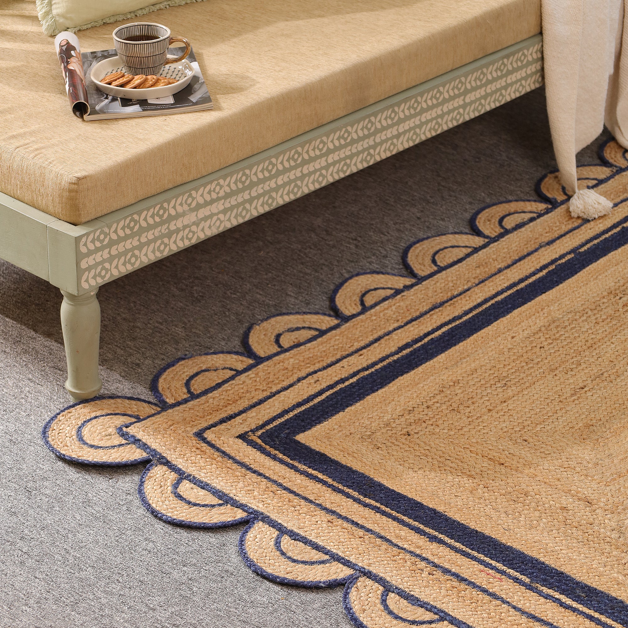 Handwoven Natural Jute Area Rug with Navy Blue Scalloped Border Farmhouse Boho Living Room Rug