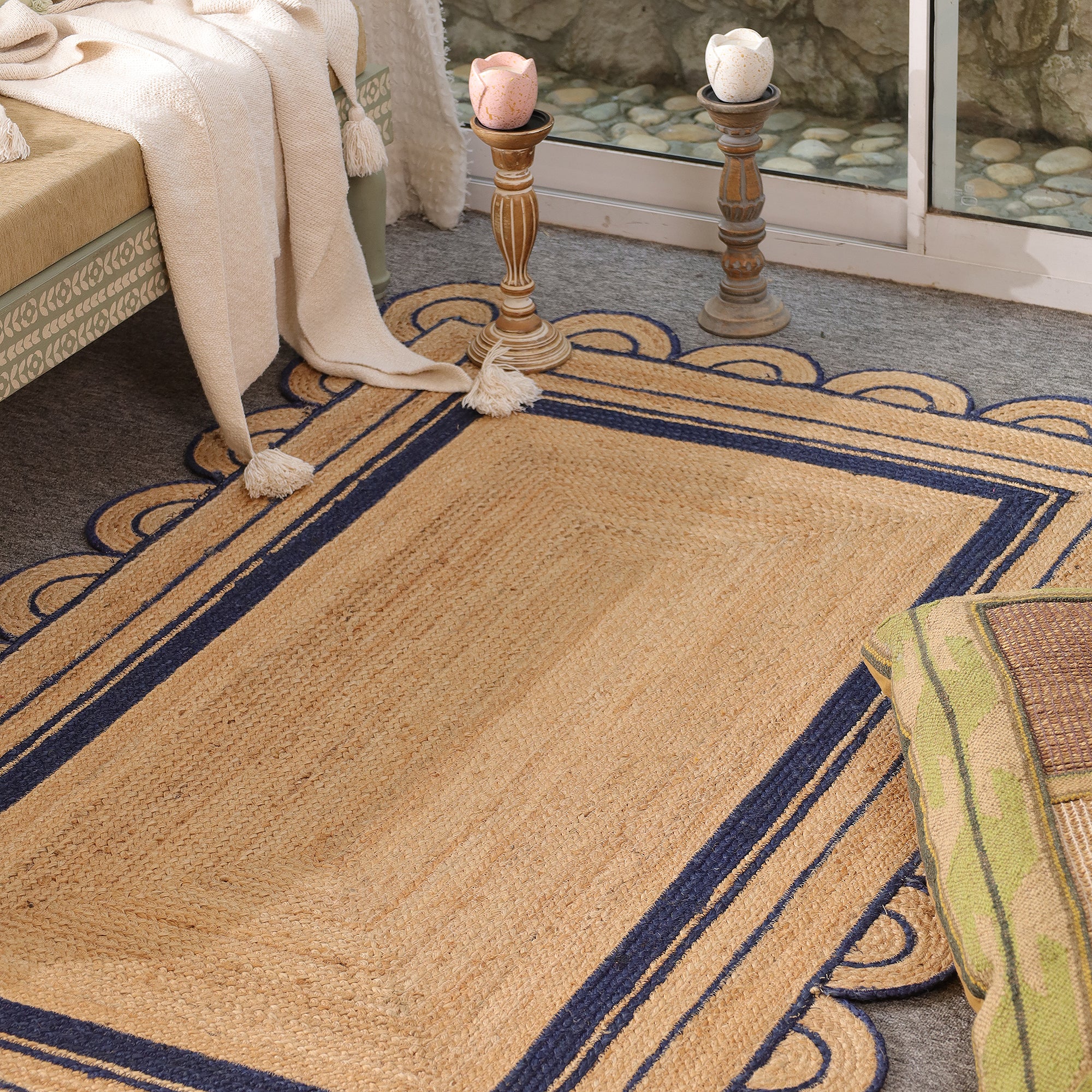Handwoven Natural Jute Area Rug with Navy Blue Scalloped Border Farmhouse Boho Living Room Rug