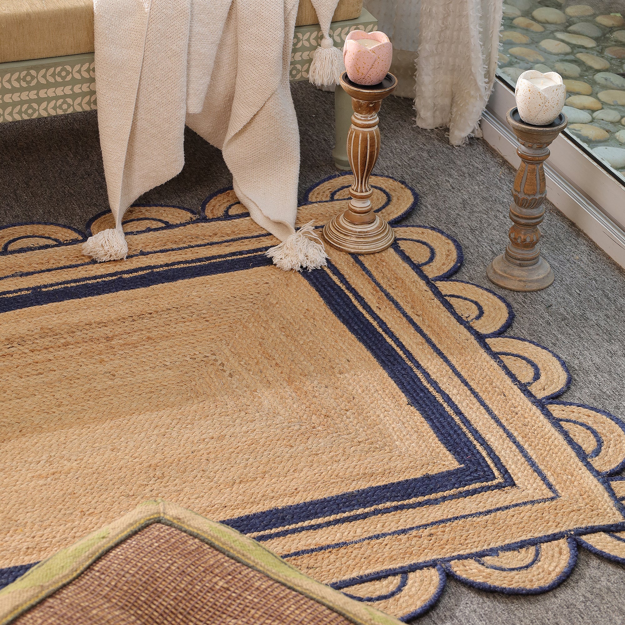 Handwoven Natural Jute Area Rug with Navy Blue Scalloped Border Farmhouse Boho Living Room Rug