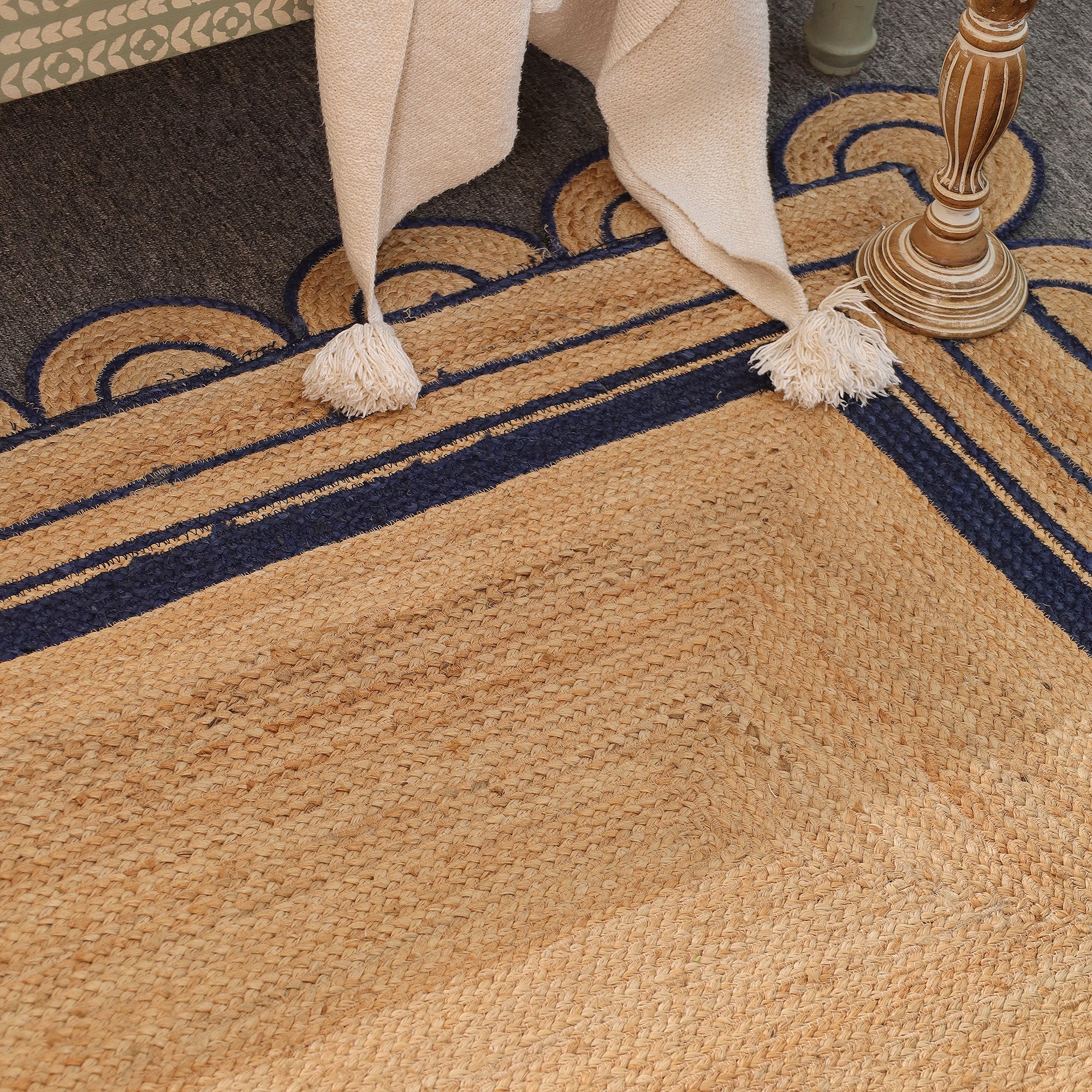 Handwoven Natural Jute Area Rug with Navy Blue Scalloped Border Farmhouse Boho Living Room Rug