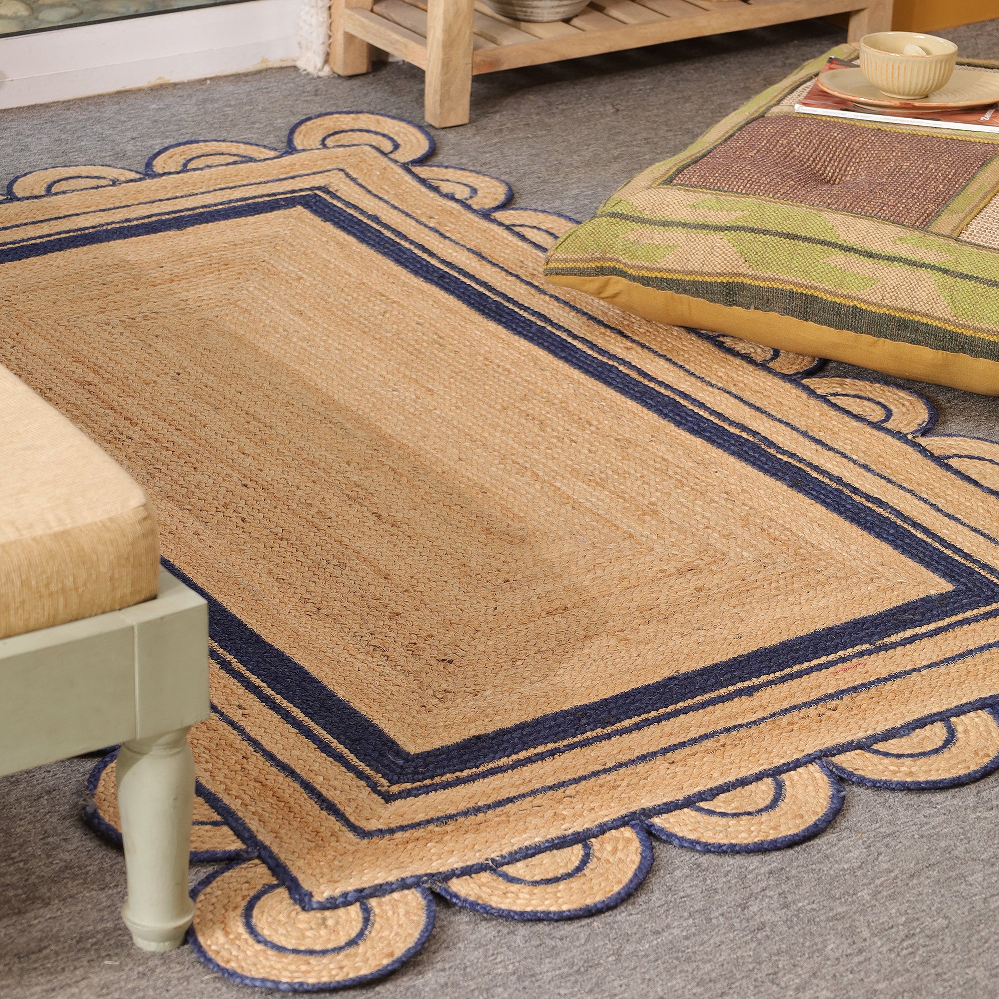 Handwoven Natural Jute Area Rug with Navy Blue Scalloped Border Farmhouse Boho Living Room Rug