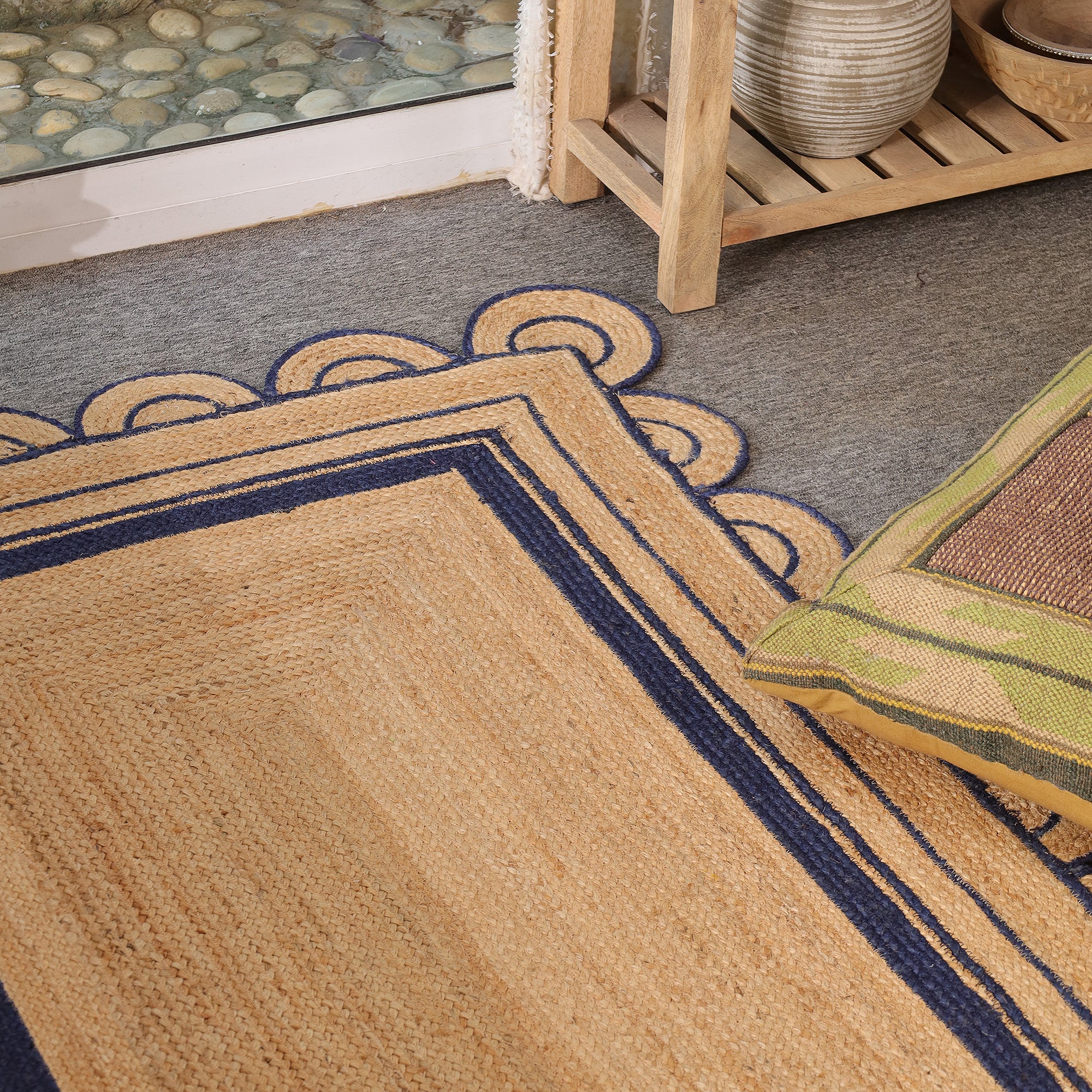 Handwoven Natural Jute Area Rug with Navy Blue Scalloped Border Farmhouse Boho Living Room Rug