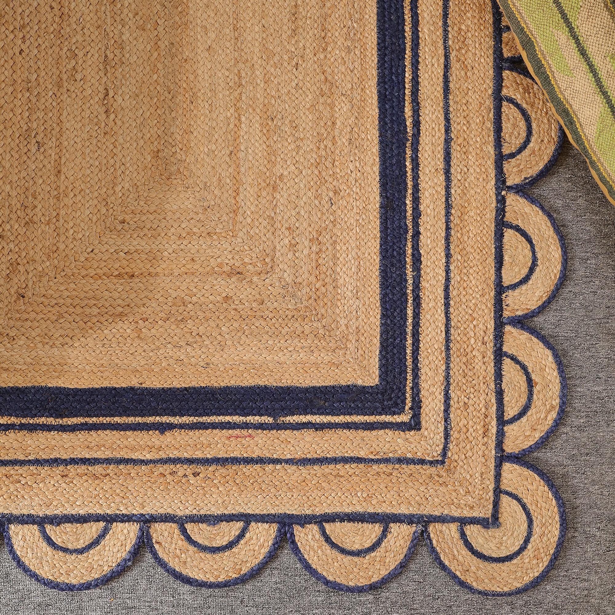 Handwoven Natural Jute Area Rug with Navy Blue Scalloped Border Farmhouse Boho Living Room Rug