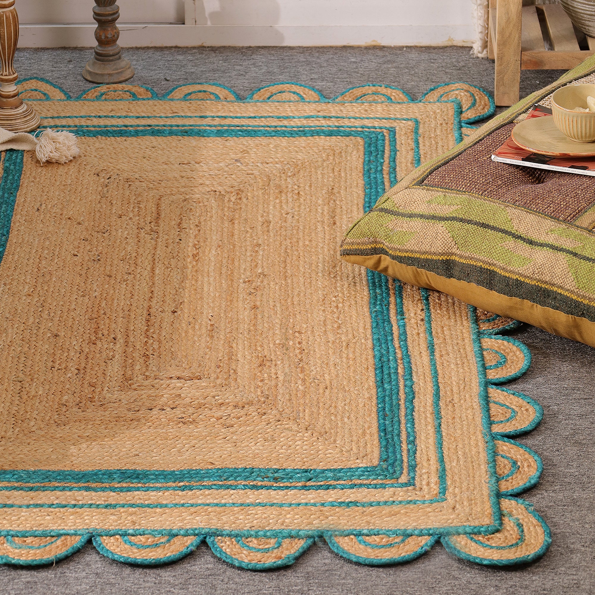 Handwoven Natural Jute Area Rug with Teal Scalloped Border Boho Farmhouse Indoor Rug