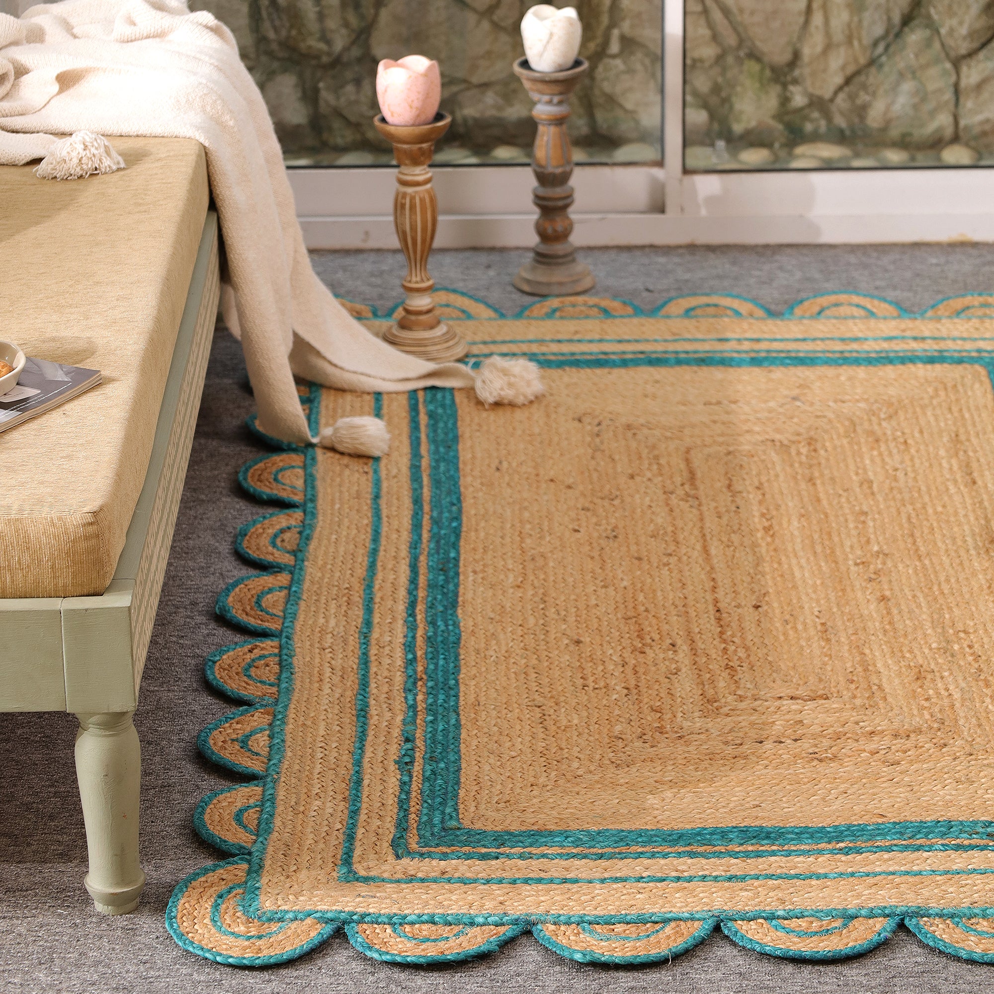 Handwoven Natural Jute Area Rug with Teal Scalloped Border Boho Farmhouse Indoor Rug