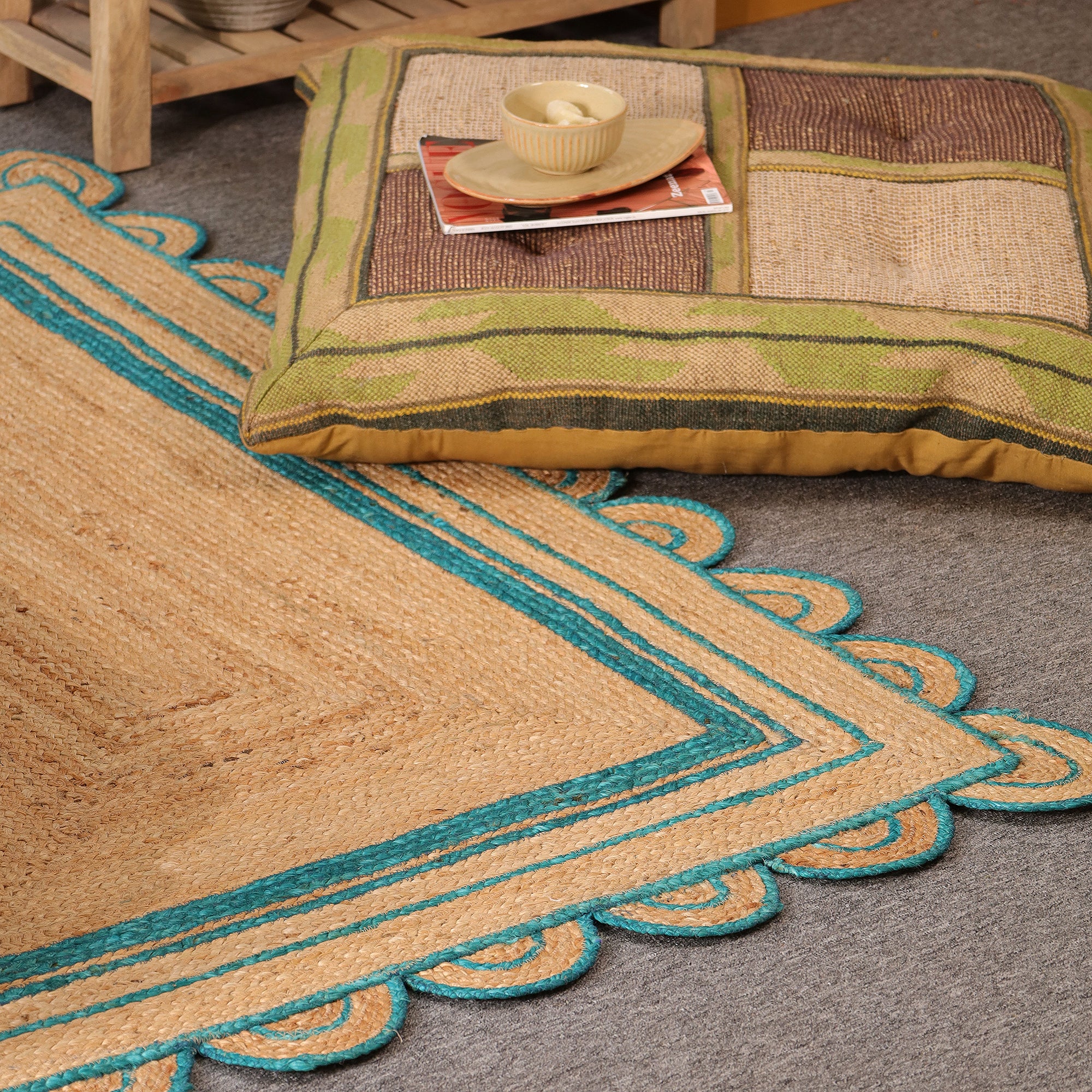 Handwoven Natural Jute Area Rug with Teal Scalloped Border Boho Farmhouse Indoor Rug