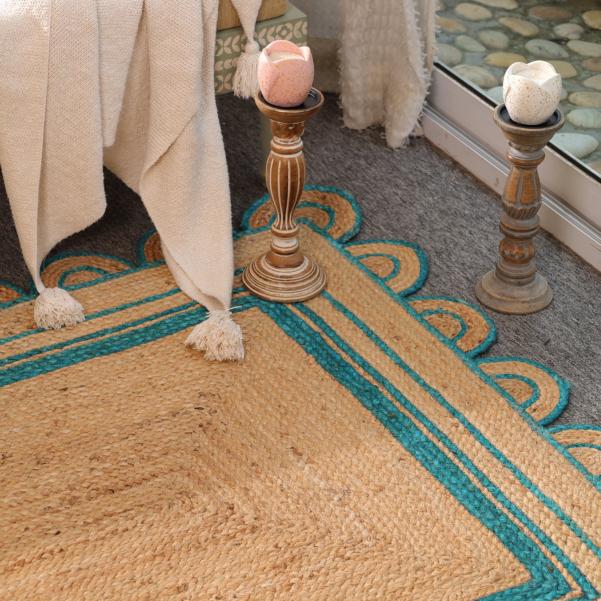 Handwoven Natural Jute Area Rug with Teal Scalloped Border Boho Farmhouse Indoor Rug