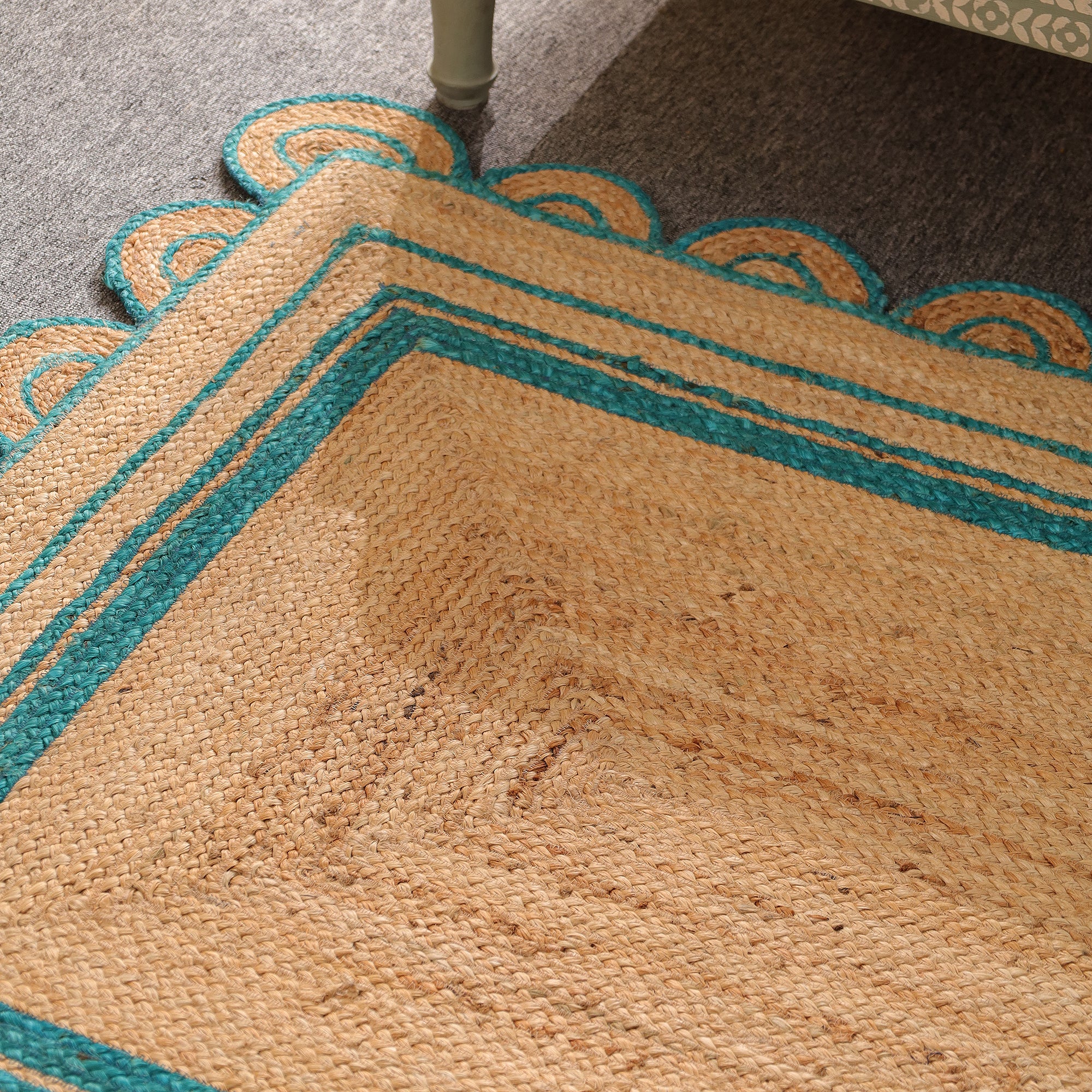Handwoven Natural Jute Area Rug with Teal Scalloped Border Boho Farmhouse Indoor Rug