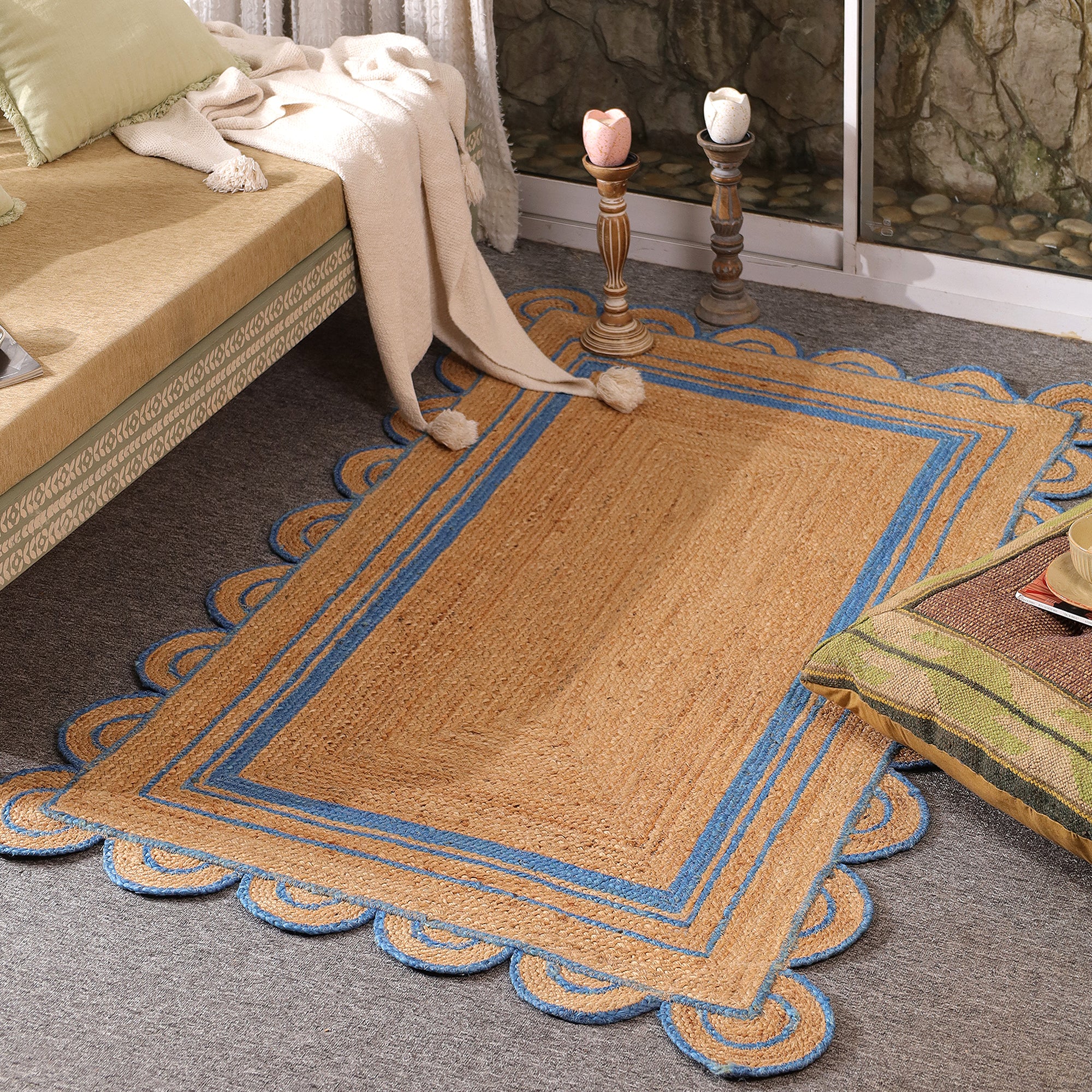 Handwoven Natural Jute Area Rug with Sky Blue Scalloped Border | Farmhouse Boho Indoor Rug