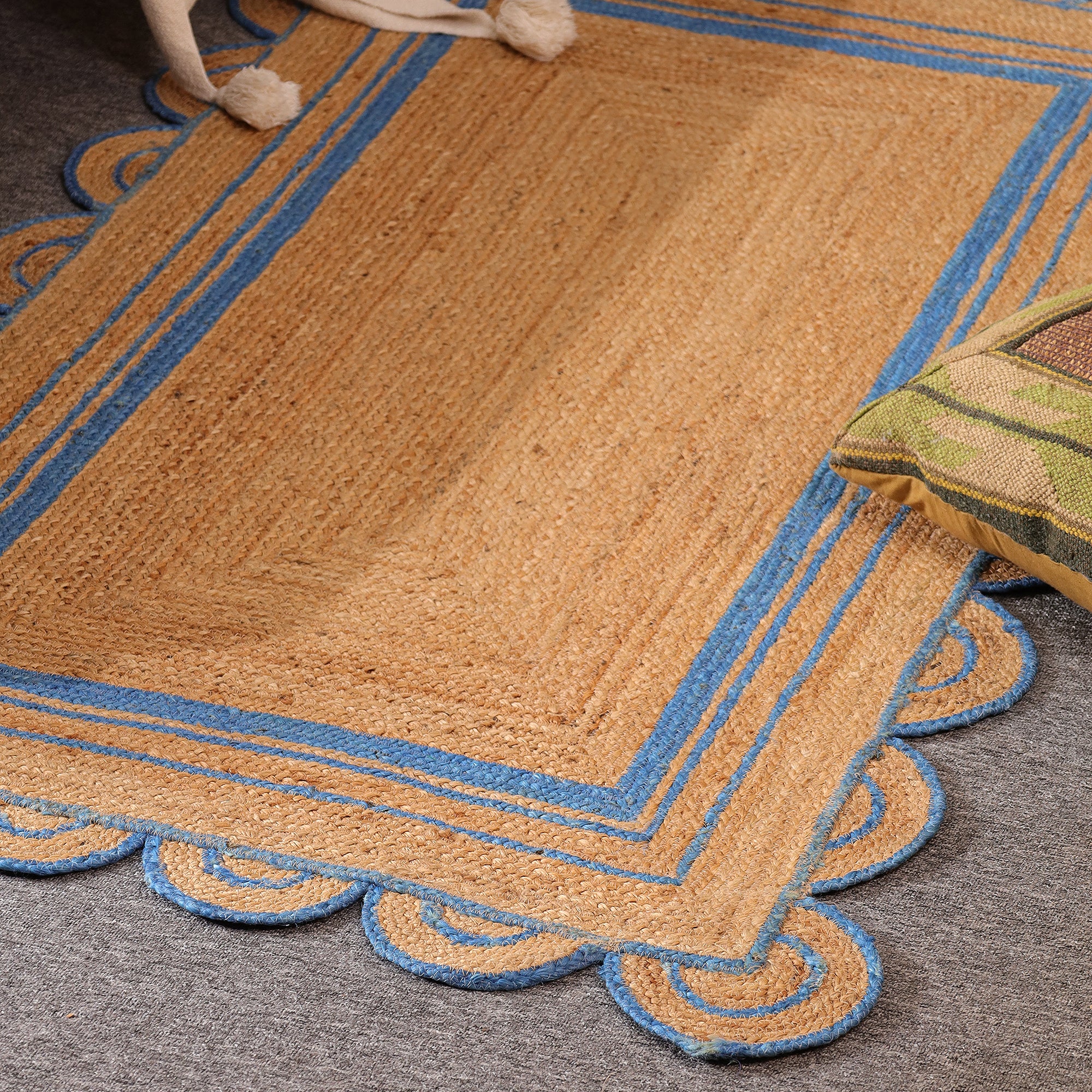 Handwoven Natural Jute Area Rug with Sky Blue Scalloped Border | Farmhouse Boho Indoor Rug
