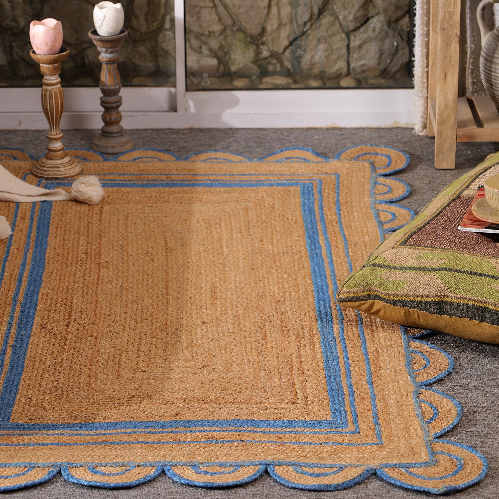 Handwoven Natural Jute Area Rug with Sky Blue Scalloped Border | Farmhouse Boho Indoor Rug