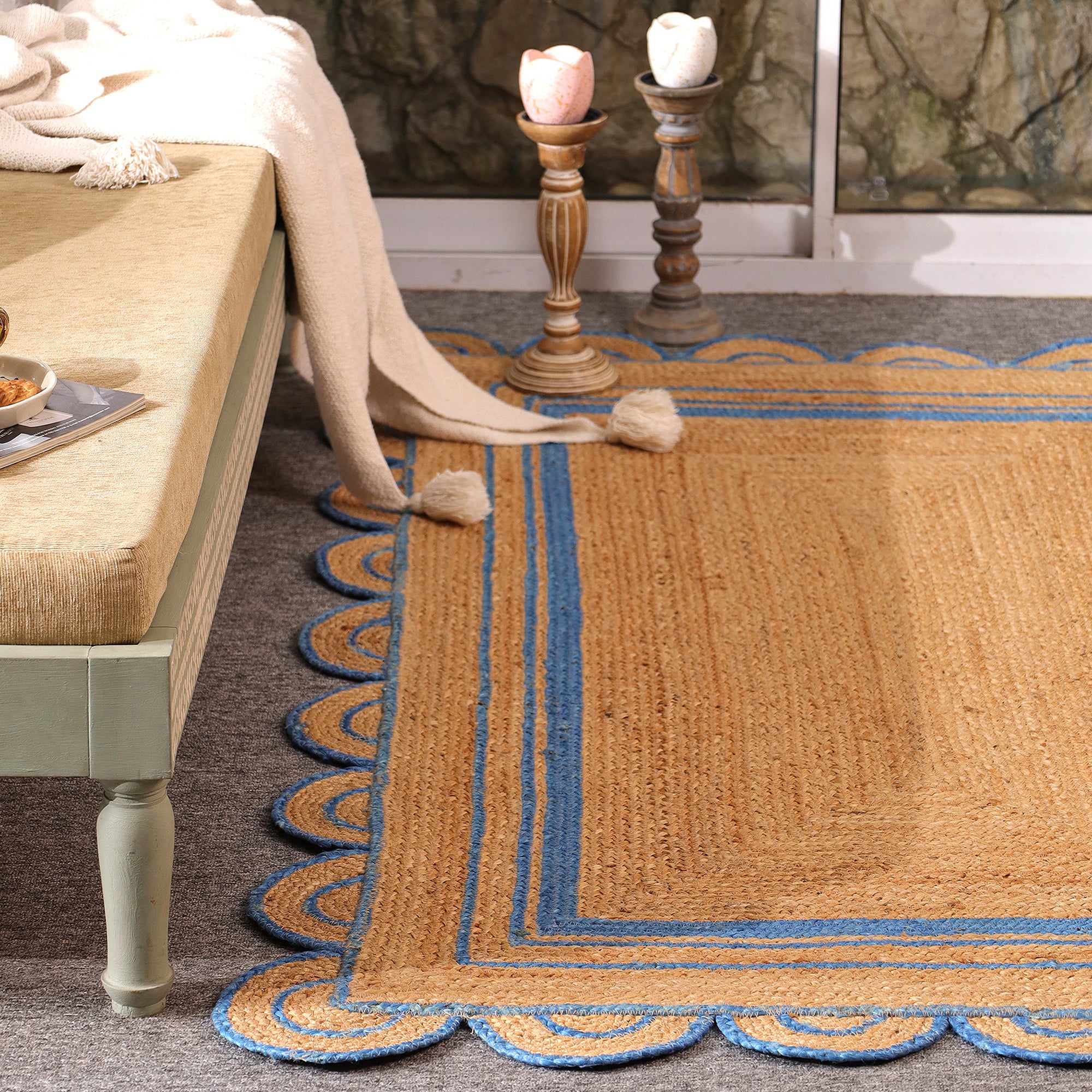 Handwoven Natural Jute Area Rug with Sky Blue Scalloped Border | Farmhouse Boho Indoor Rug