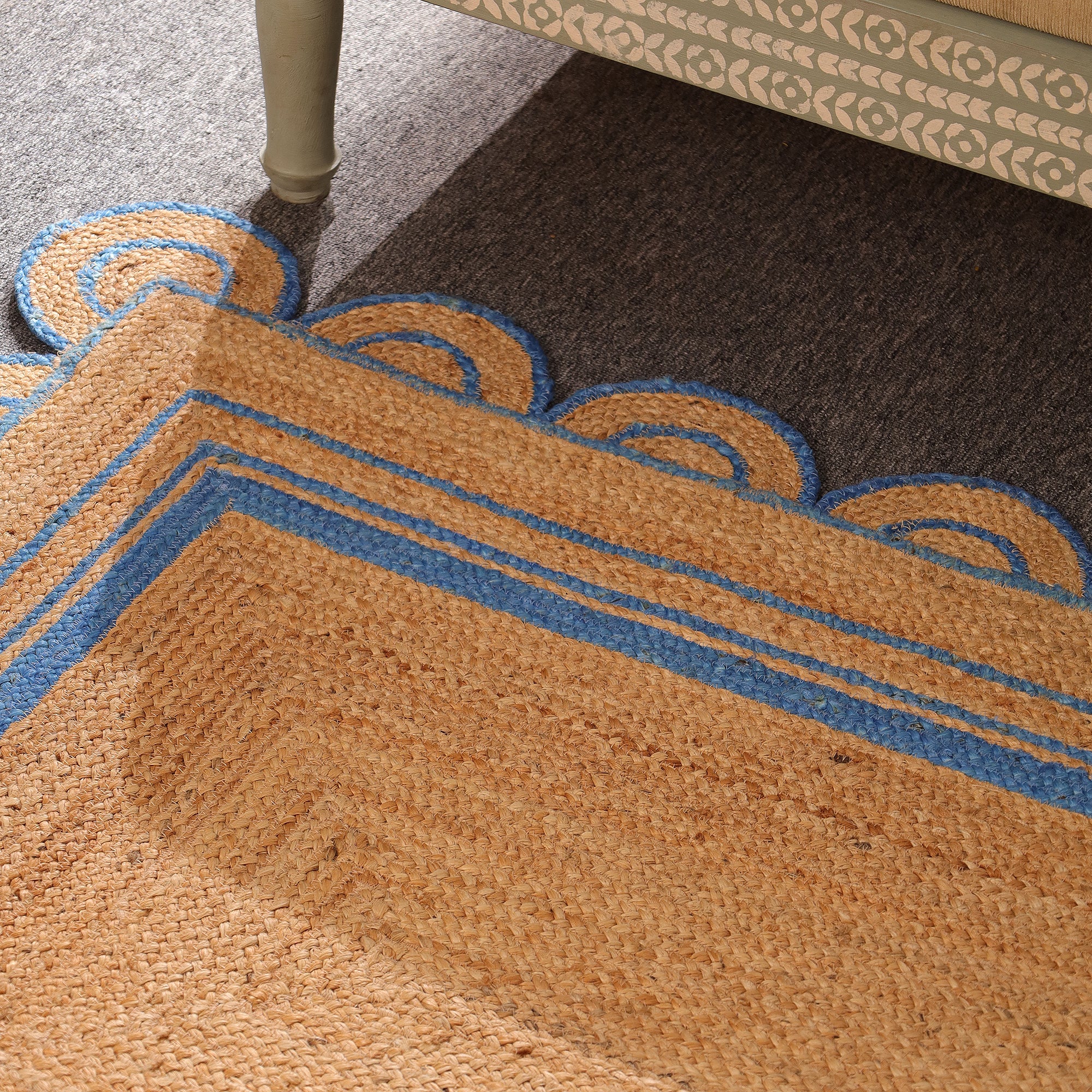 Handwoven Natural Jute Area Rug with Sky Blue Scalloped Border | Farmhouse Boho Indoor Rug