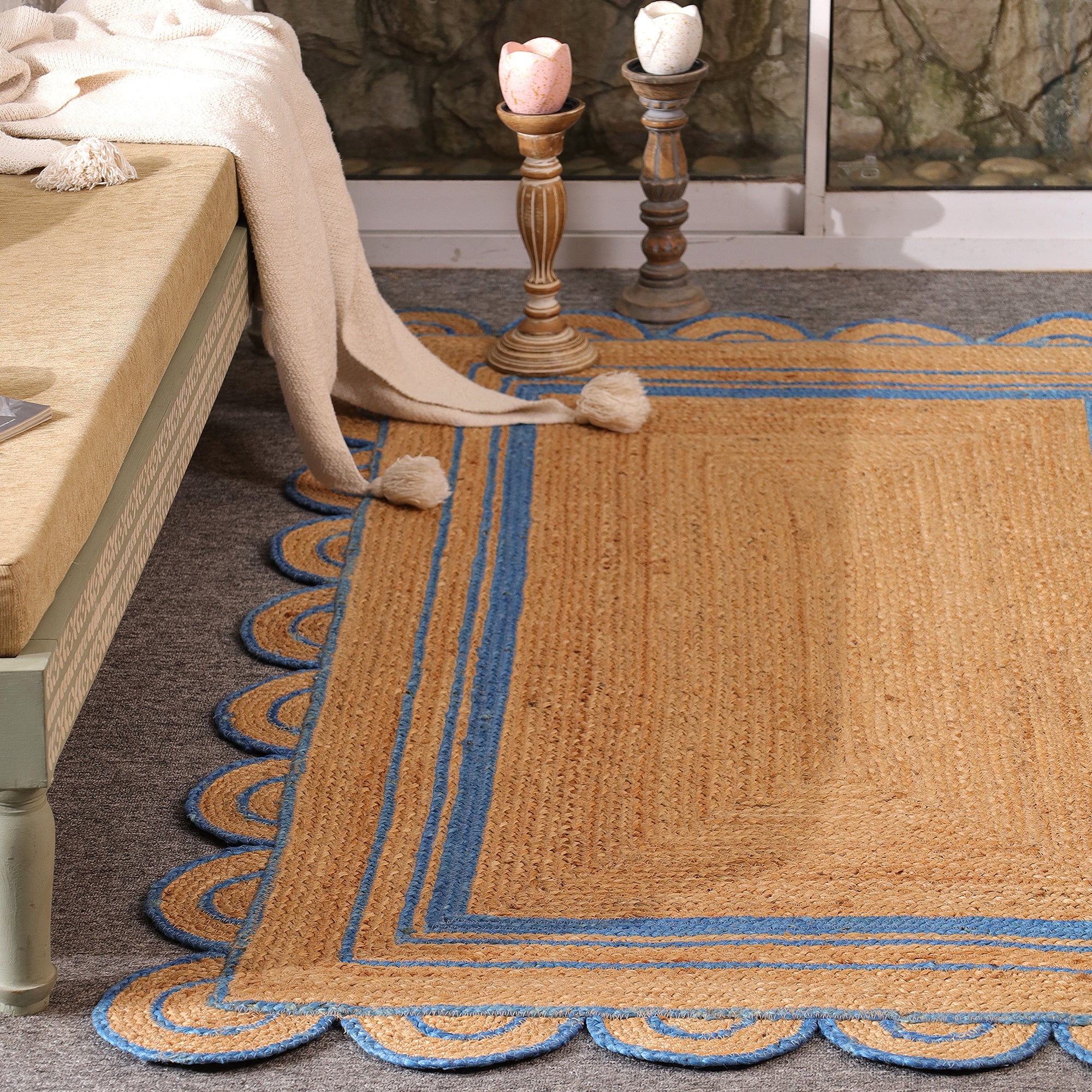 Handwoven Natural Jute Area Rug with Sky Blue Scalloped Border | Farmhouse Boho Indoor Rug