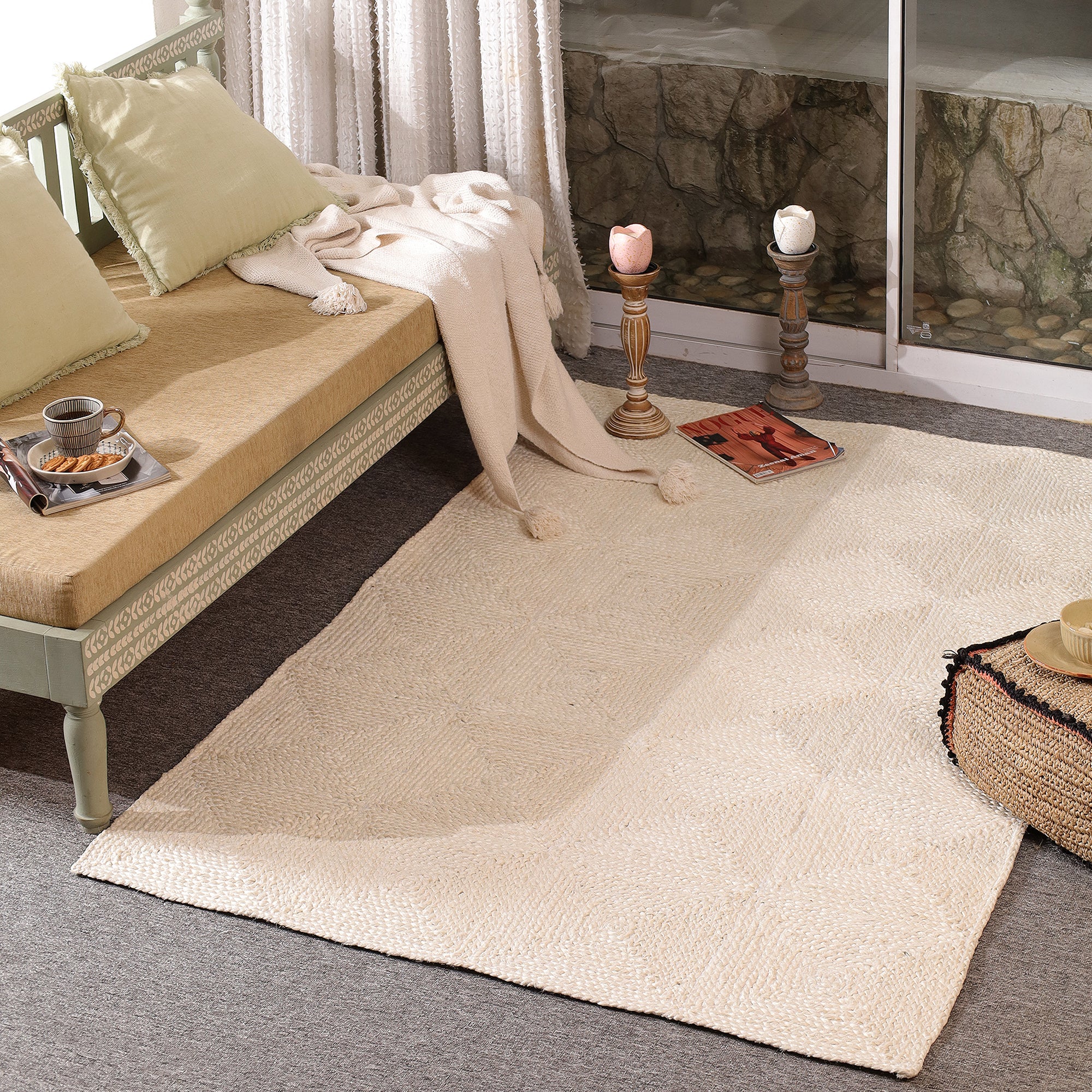 Handwoven Ivory Jute Area Rug - Natural Boho Living Room Carpet Eco-Friendly Home Decor