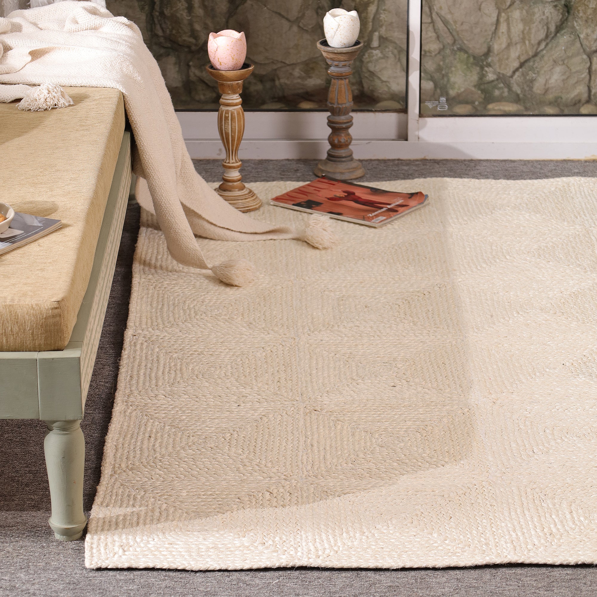 Handwoven Ivory Jute Area Rug - Natural Boho Living Room Carpet Eco-Friendly Home Decor