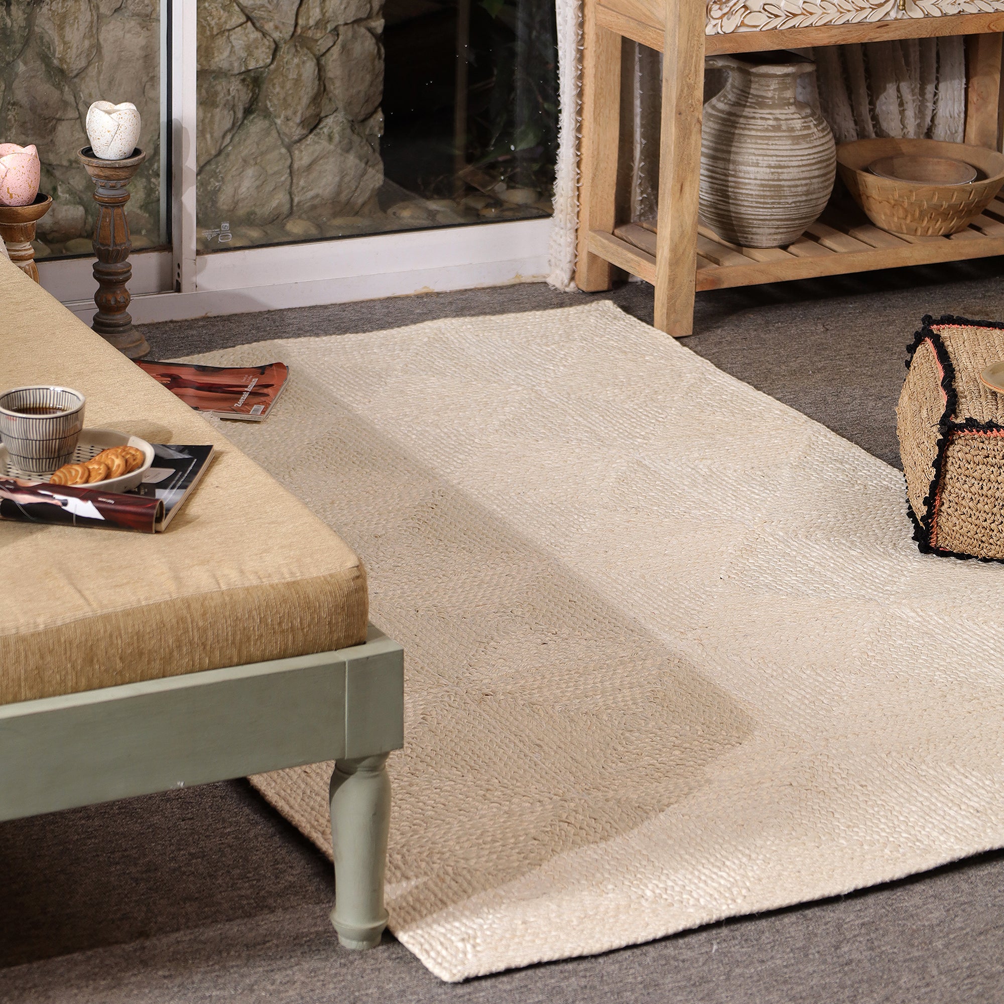 Handwoven Ivory Jute Area Rug - Natural Boho Living Room Carpet Eco-Friendly Home Decor