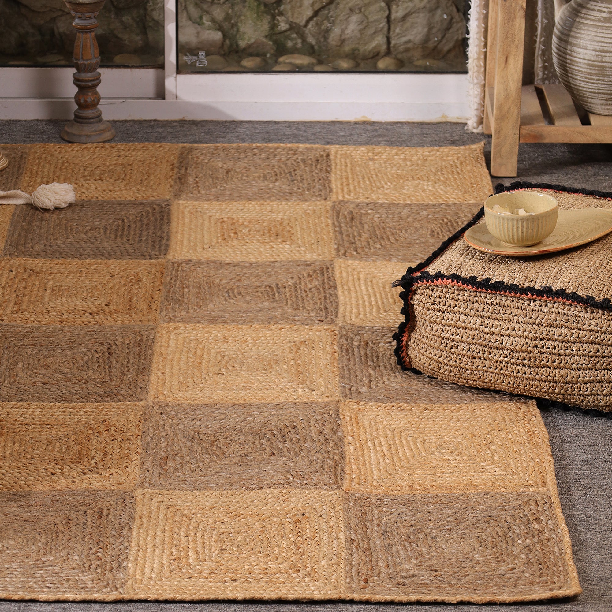 Handwoven Natural Jute Checkered Area Rug Eco-Friendly Bogo Living Room
