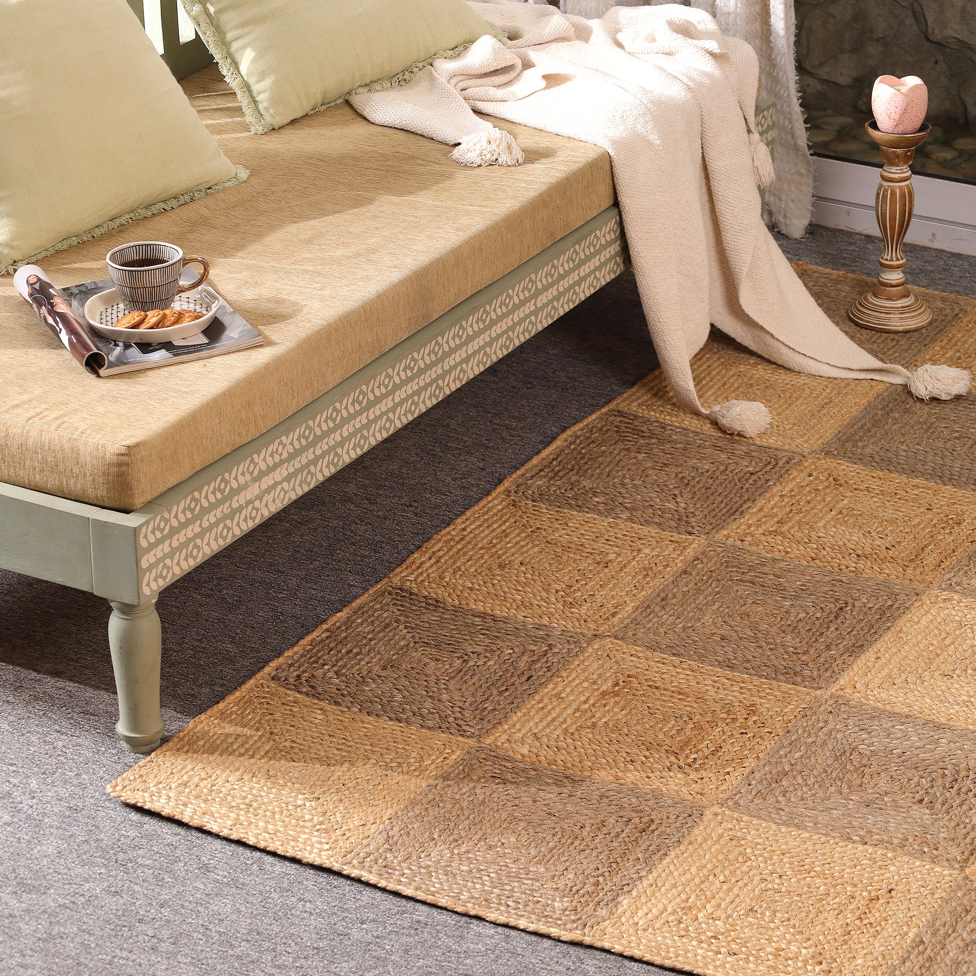 Handwoven Natural Jute Checkered Area Rug Eco-Friendly Bogo Living Room