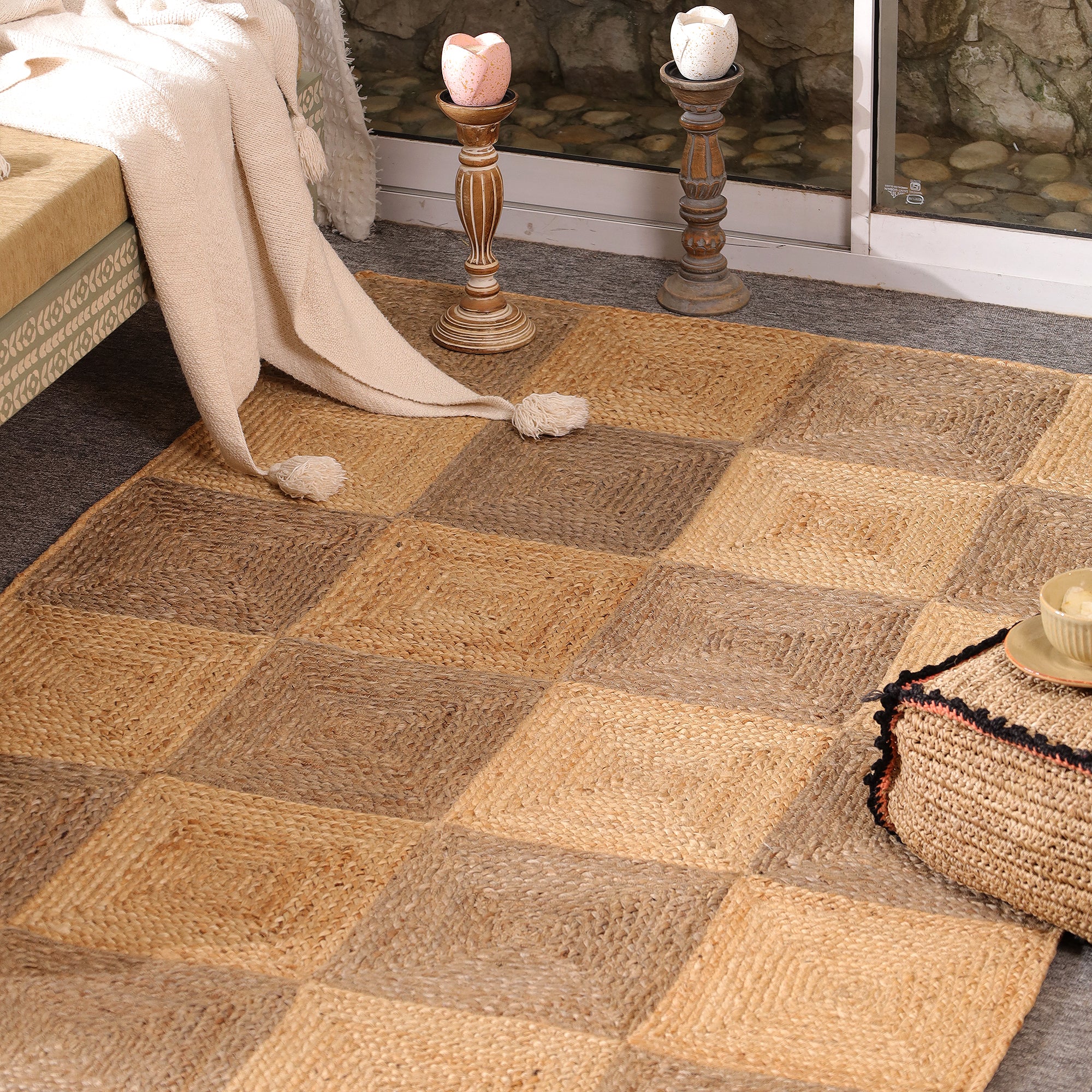 Handwoven Natural Jute Checkered Area Rug Eco-Friendly Bogo Living Room