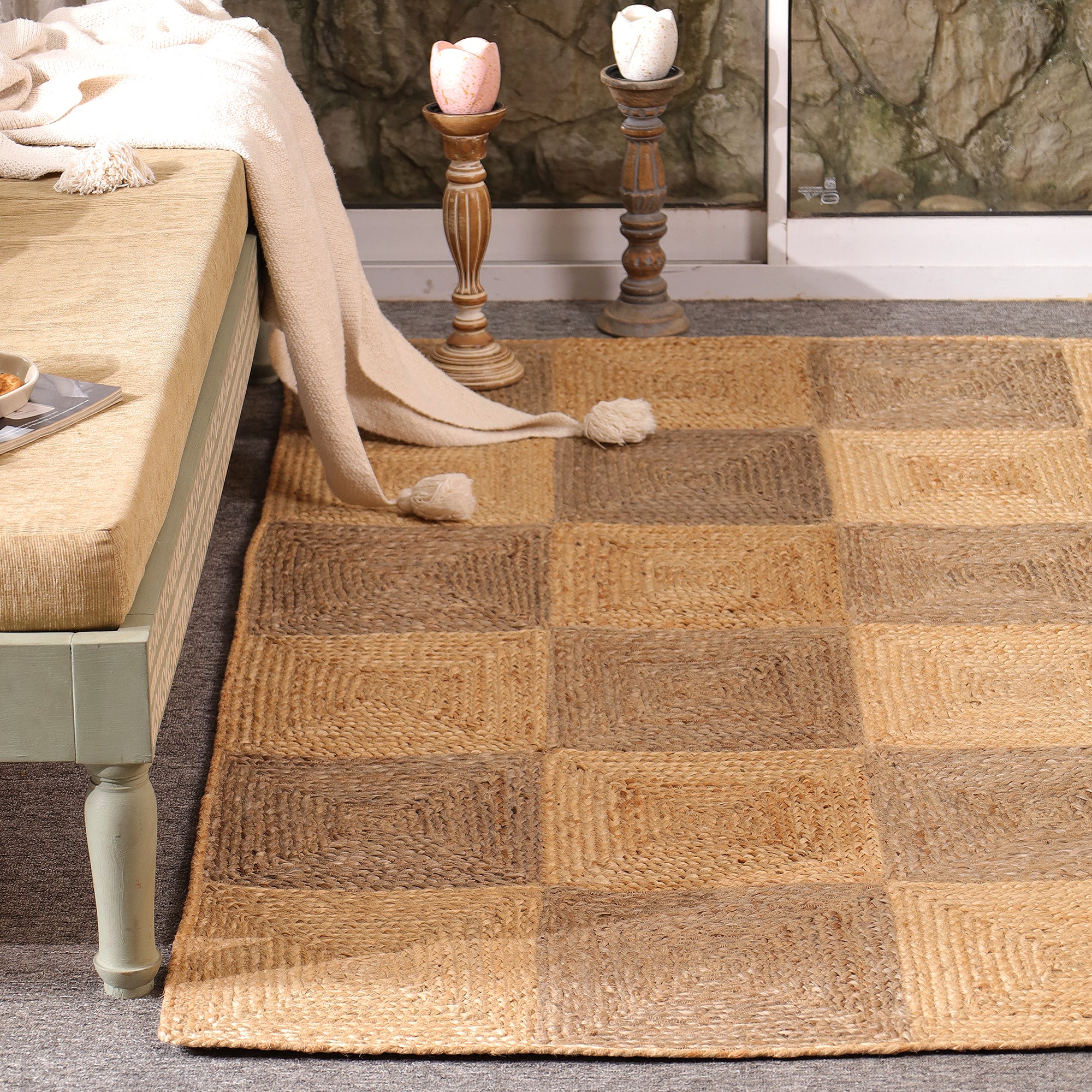 Handwoven Natural Jute Checkered Area Rug Eco-Friendly Bogo Living Room
