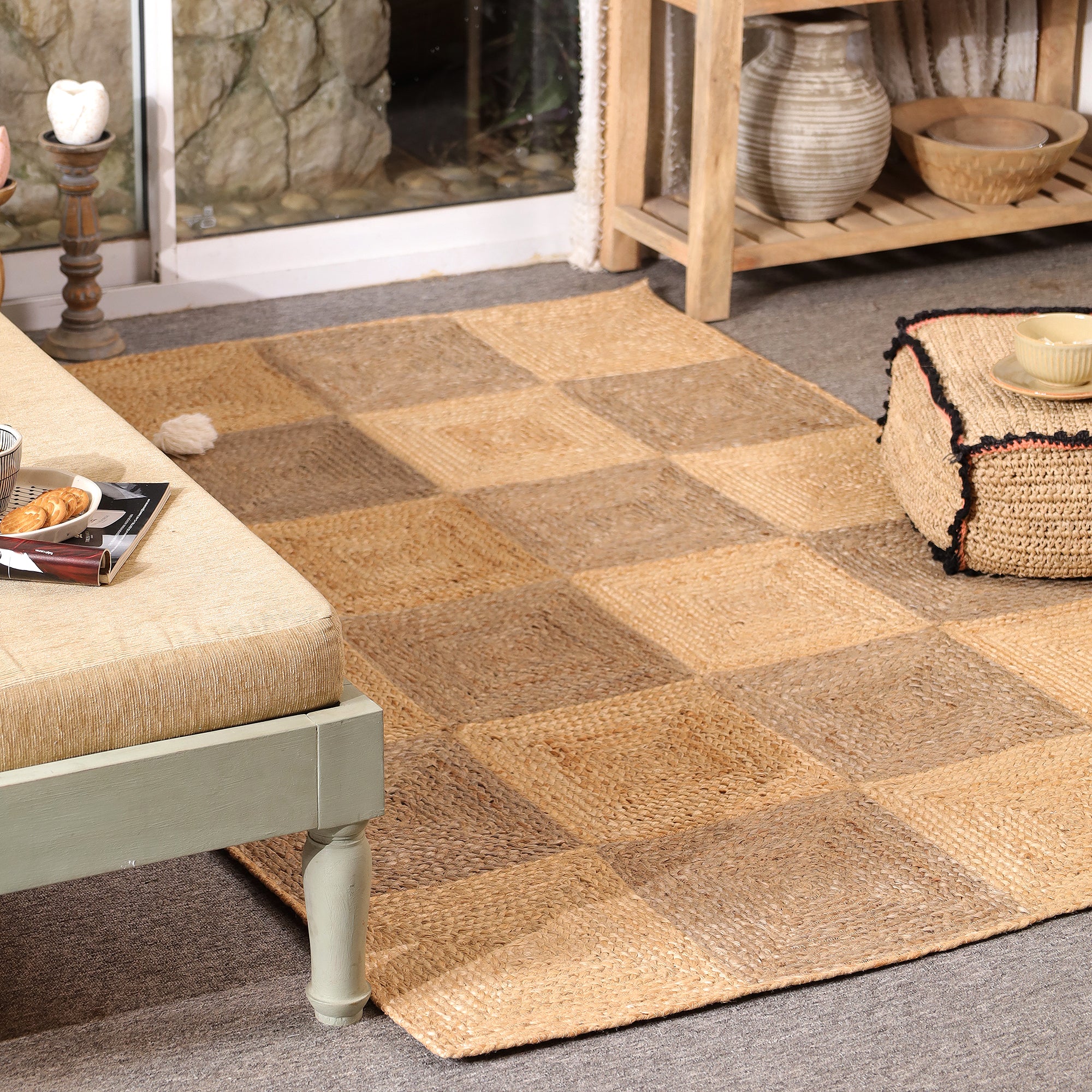 Handwoven Natural Jute Checkered Area Rug Eco-Friendly Bogo Living Room