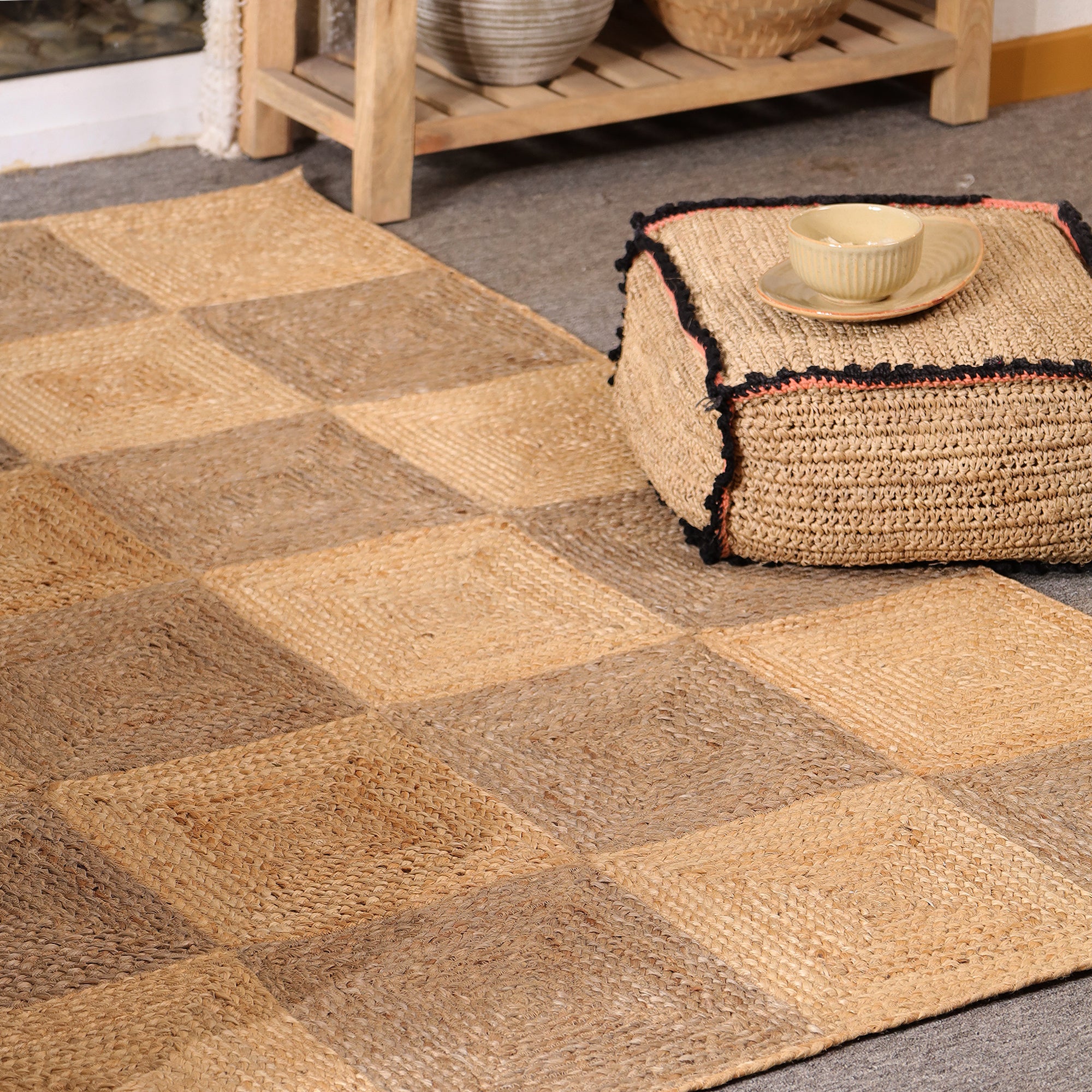 Handwoven Natural Jute Checkered Area Rug Eco-Friendly Bogo Living Room