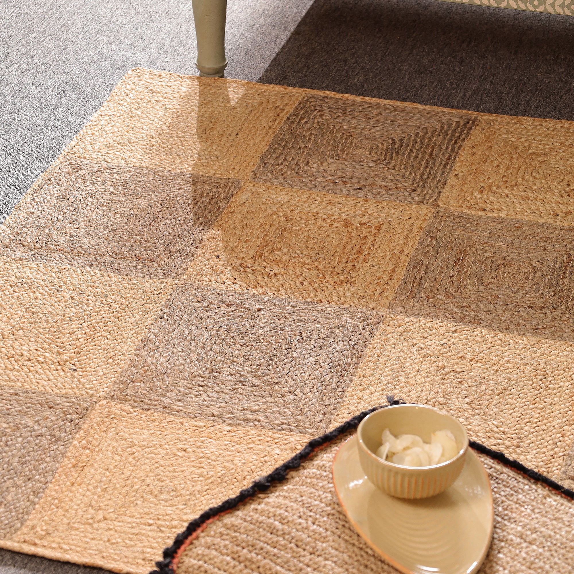 Handwoven Natural Jute Checkered Area Rug Eco-Friendly Bogo Living Room