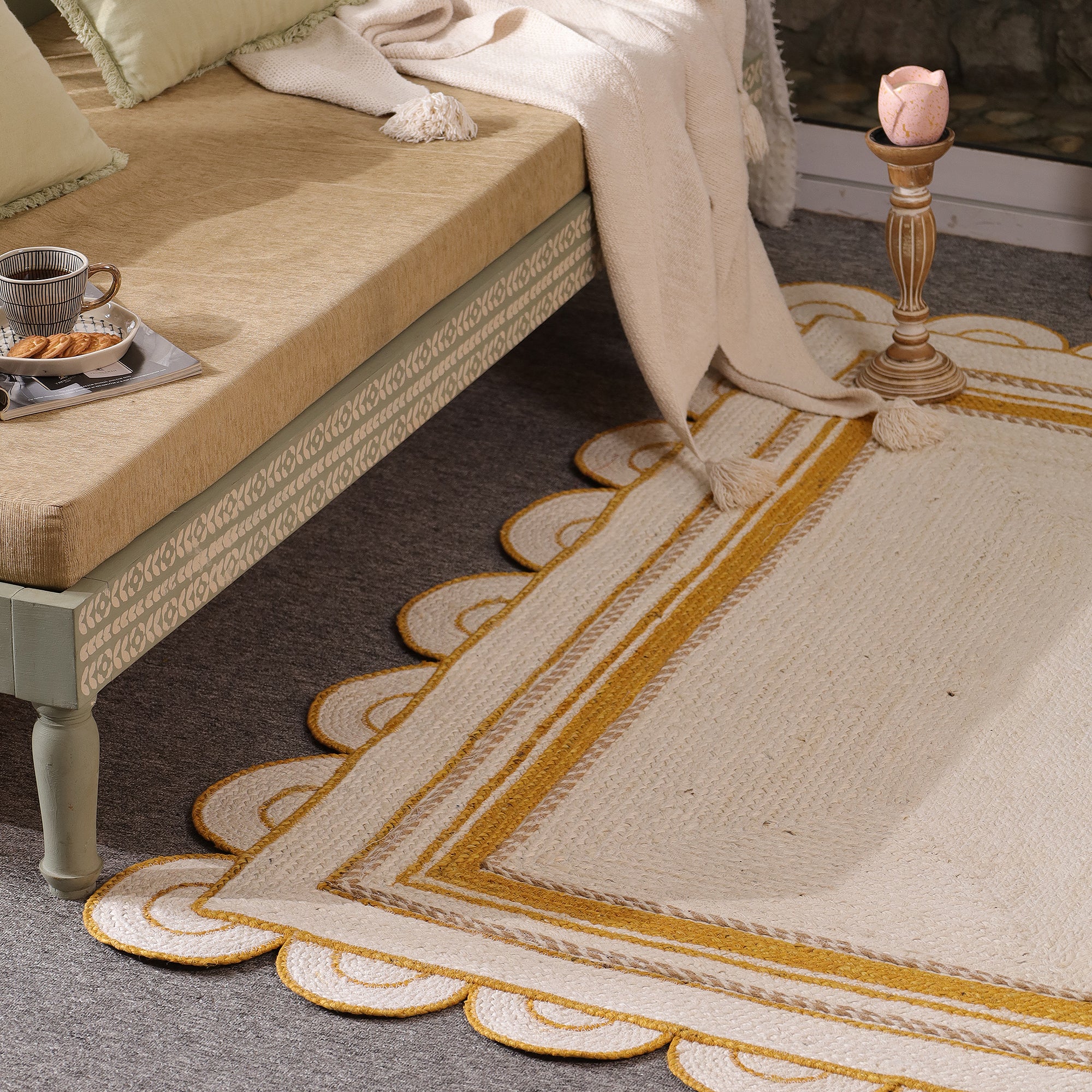Handwoven White & Mustard Jute Area Rug with Scalloped Border Natural Boho Farmhouse carpet