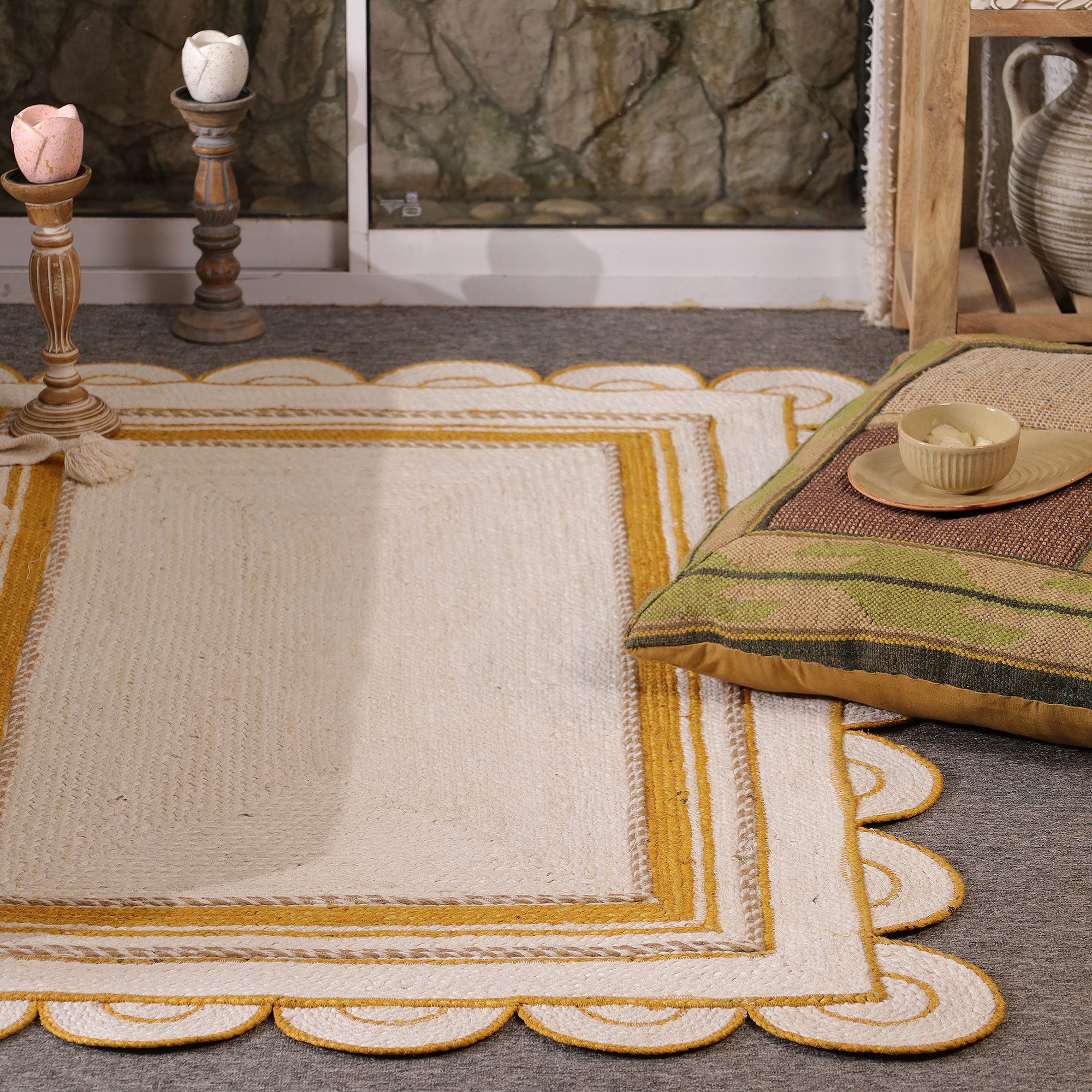 Handwoven White & Mustard Jute Area Rug with Scalloped Border Natural Boho Farmhouse carpet