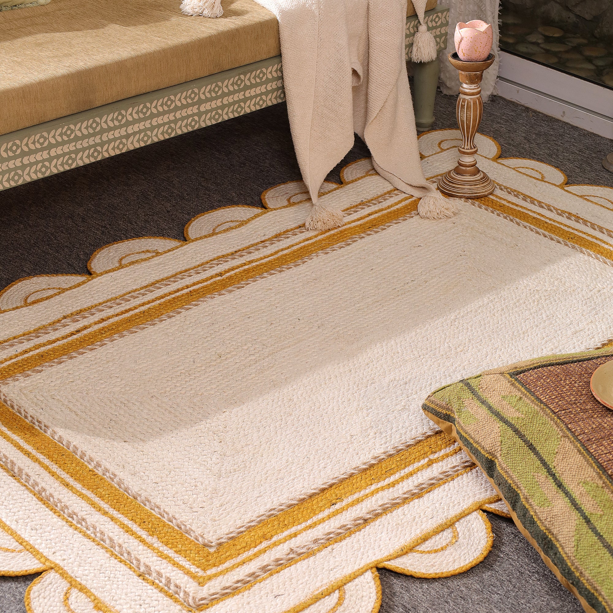 Handwoven White & Mustard Jute Area Rug with Scalloped Border Natural Boho Farmhouse carpet