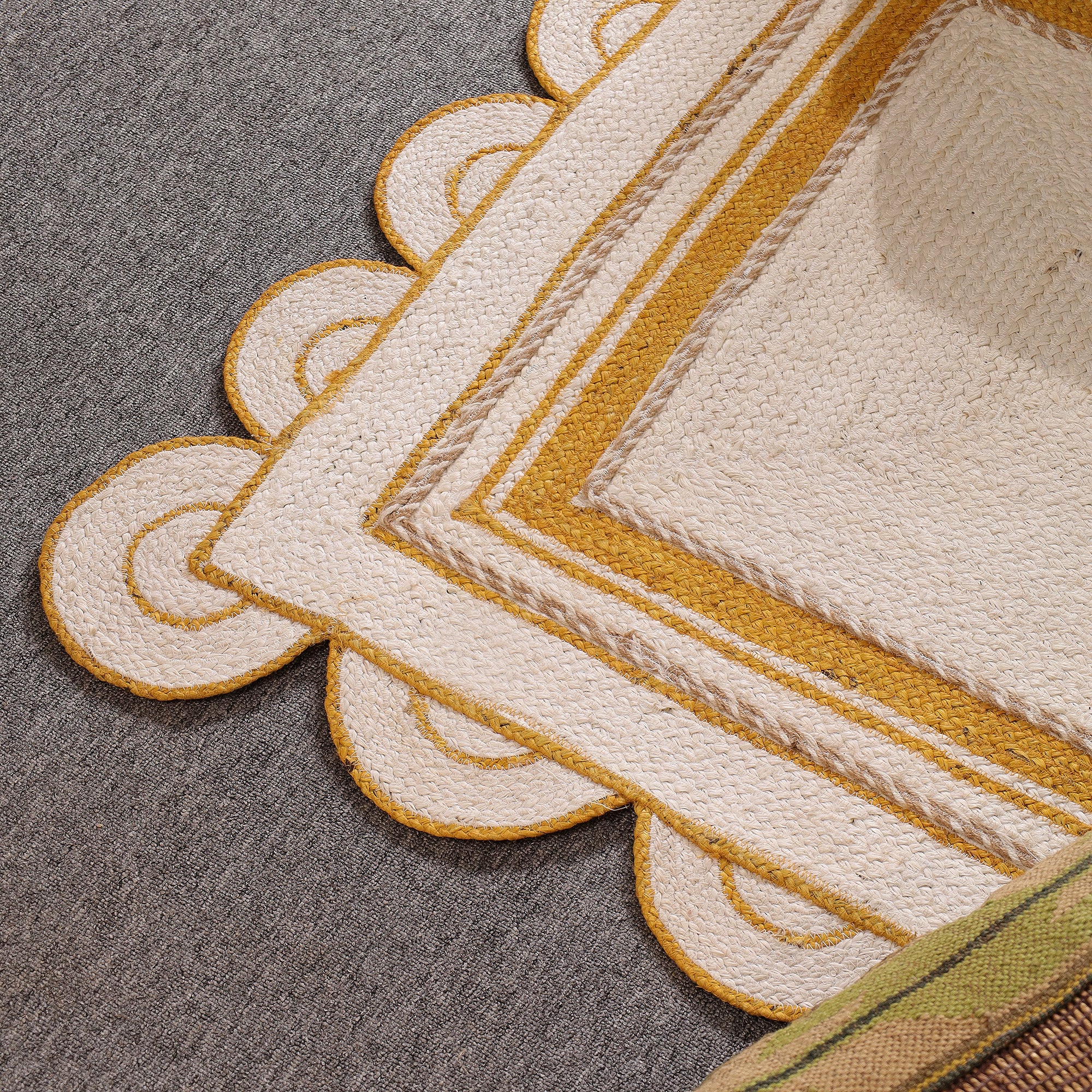 Handwoven White & Mustard Jute Area Rug with Scalloped Border Natural Boho Farmhouse carpet