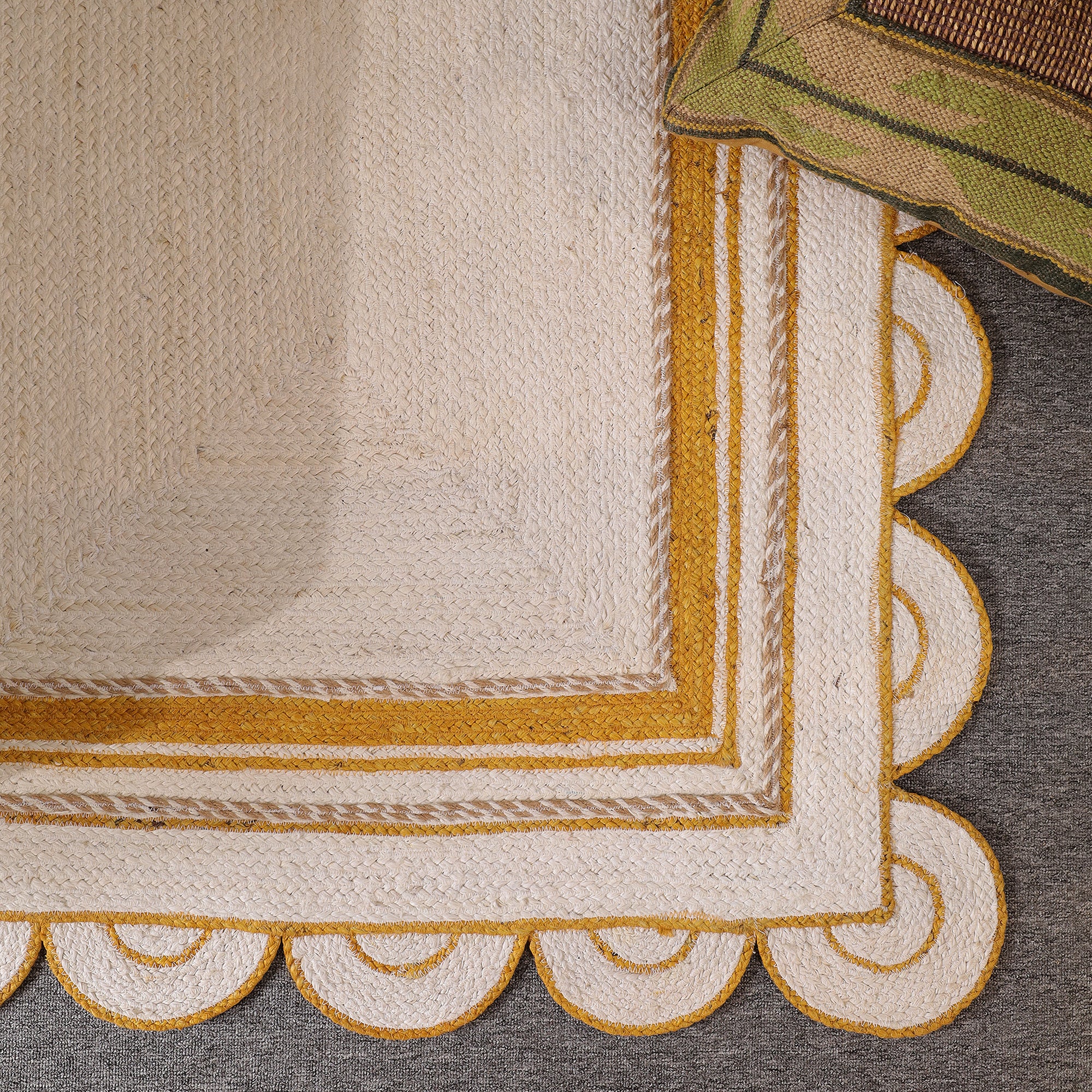 Handwoven White & Mustard Jute Area Rug with Scalloped Border Natural Boho Farmhouse carpet