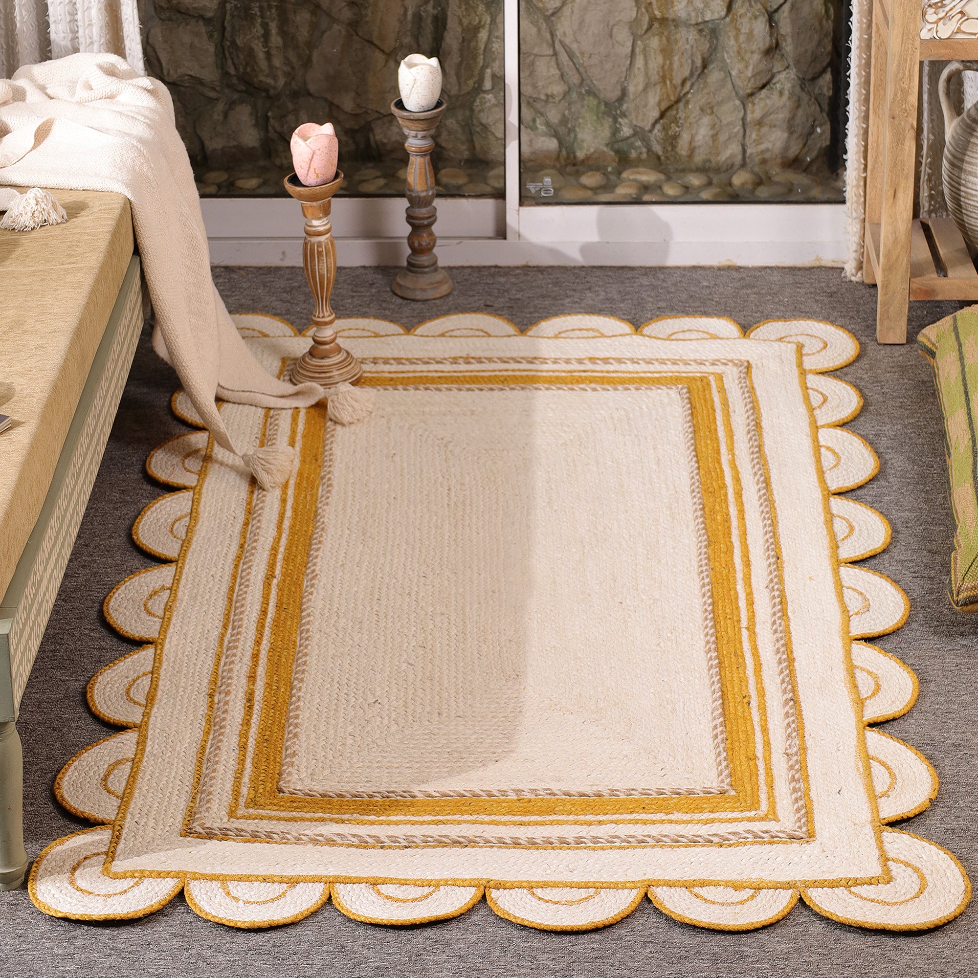 Handwoven White & Mustard Jute Area Rug with Scalloped Border Natural Boho Farmhouse carpet