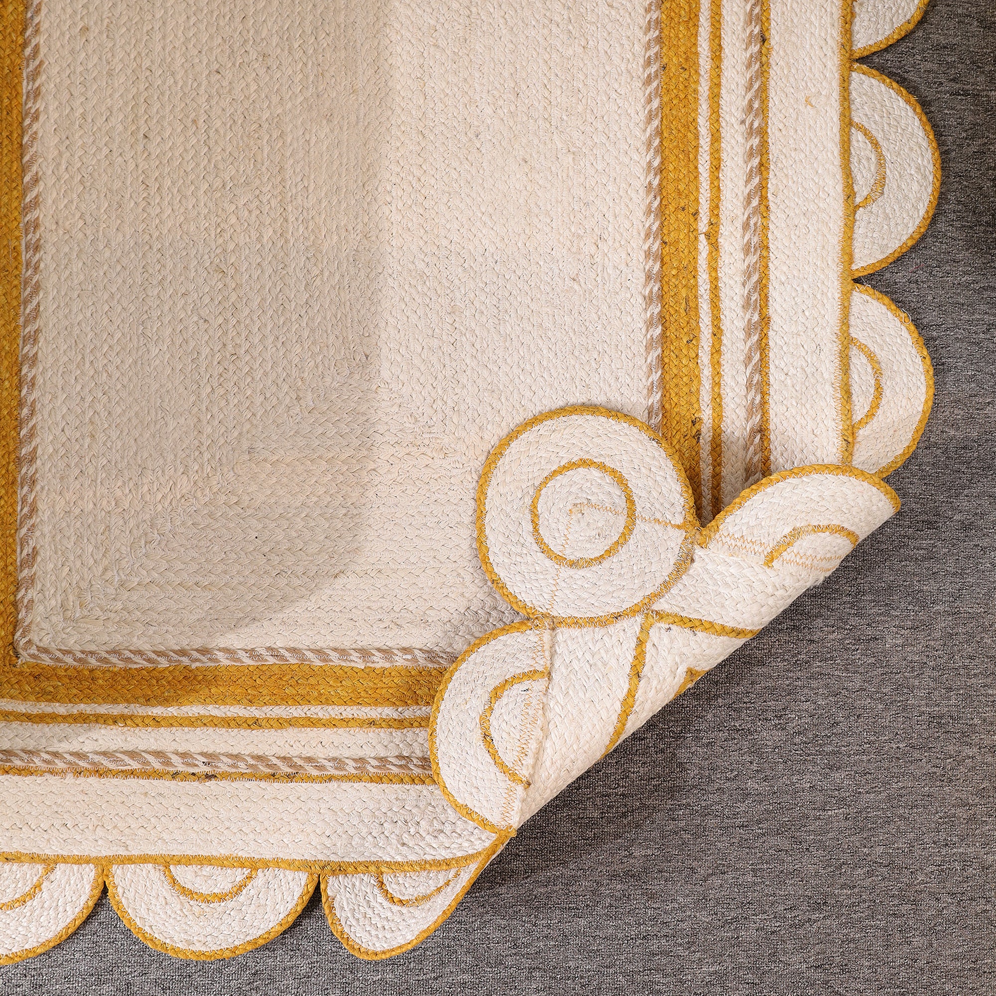 Handwoven White & Mustard Jute Area Rug with Scalloped Border Natural Boho Farmhouse carpet