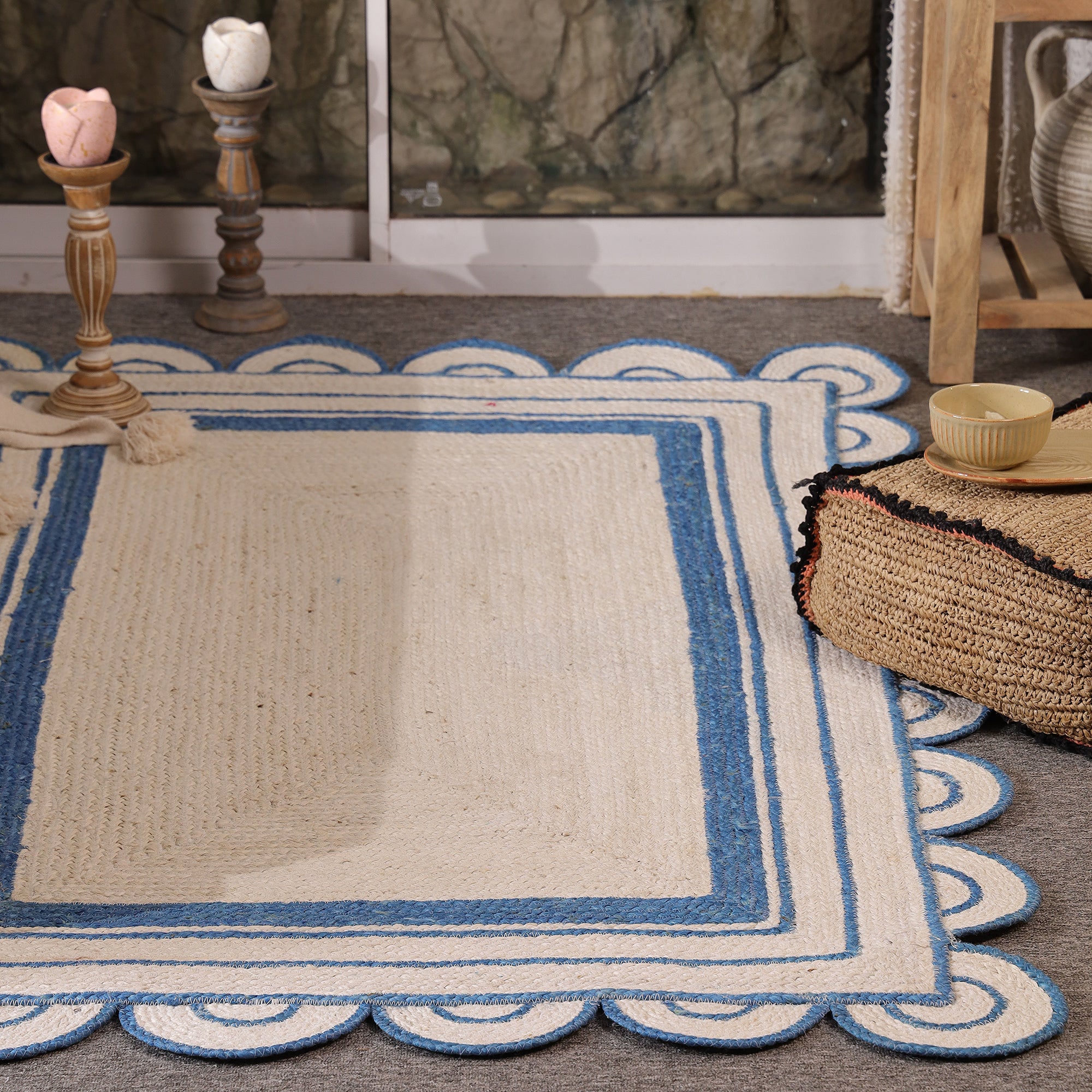 Handwoven Scalloped Border Jute Rug Natural & Blue Braided Area Rug