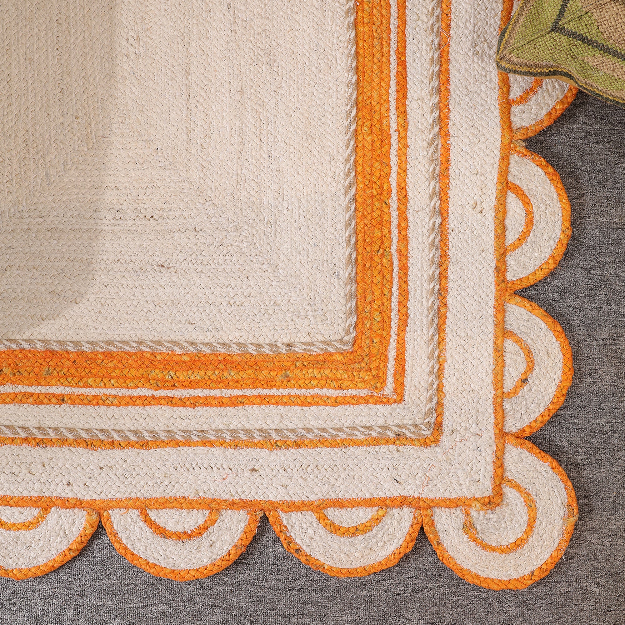 Handwoven Natural Jute Rug with Orange Sacalloped Border Eco-Friendly Braided Area Rug
