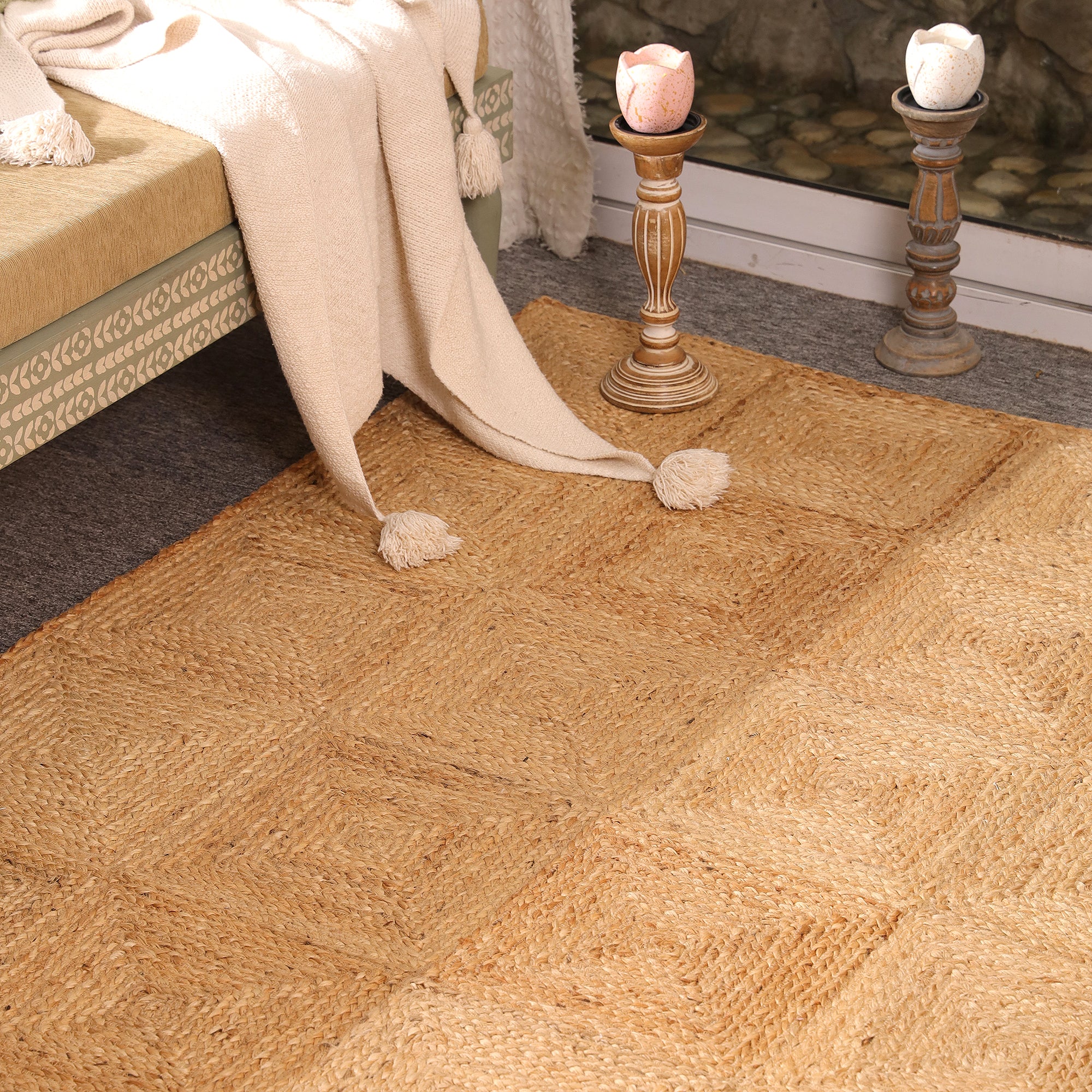 Handwoven Natural Jute Area Rug Eco-Friendly Braided Rug Handmade Rustic Farmhouse Living Room