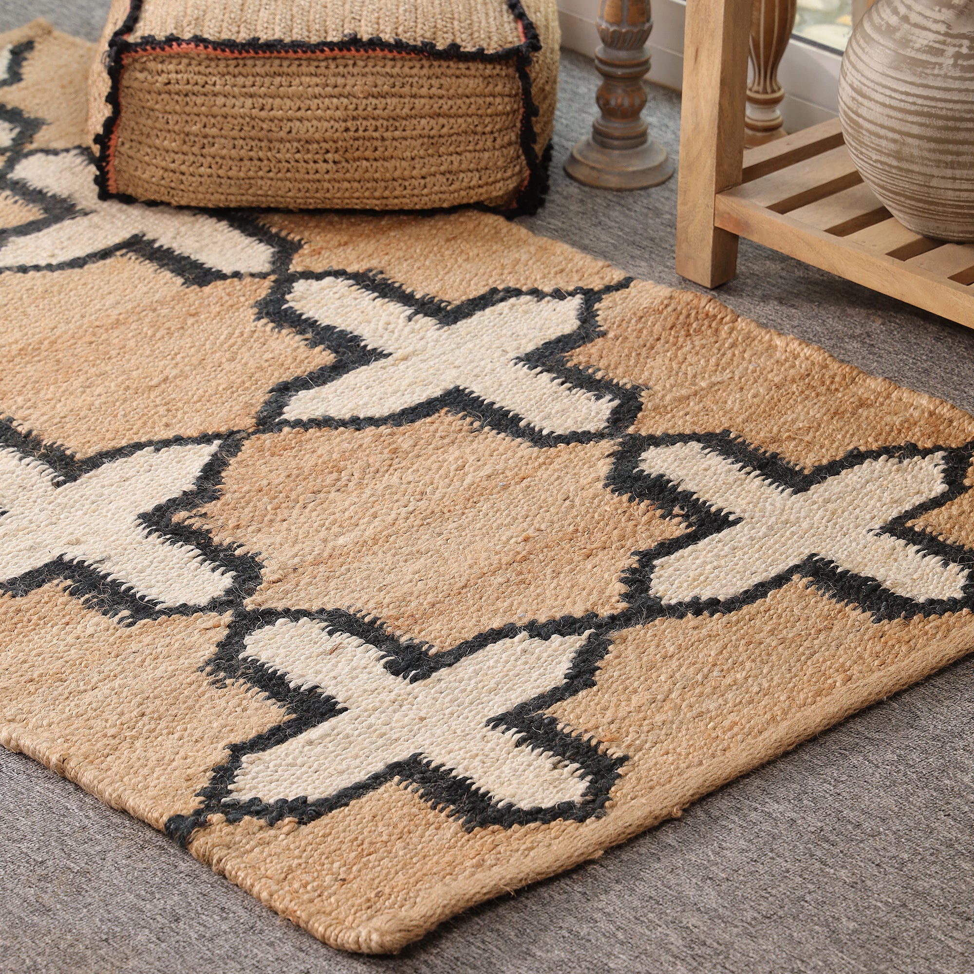 Handwoven Natural Jute Rug with Black & Ivory Geometric Pattern | Modern Boho Area Rug | Handmade Farmhouse Carpet