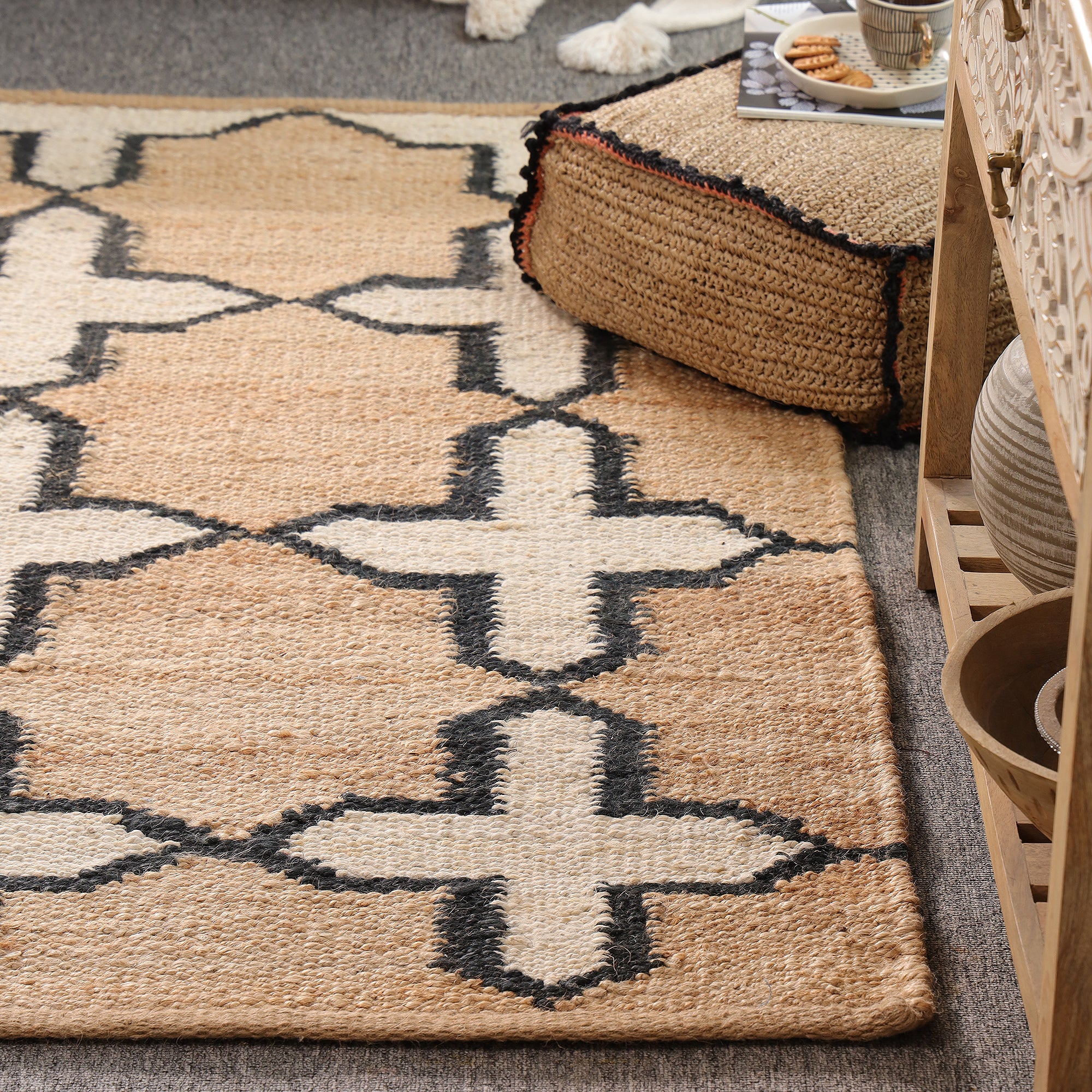 Handwoven Natural Jute Rug with Black & Ivory Geometric Pattern | Modern Boho Area Rug | Handmade Farmhouse Carpet