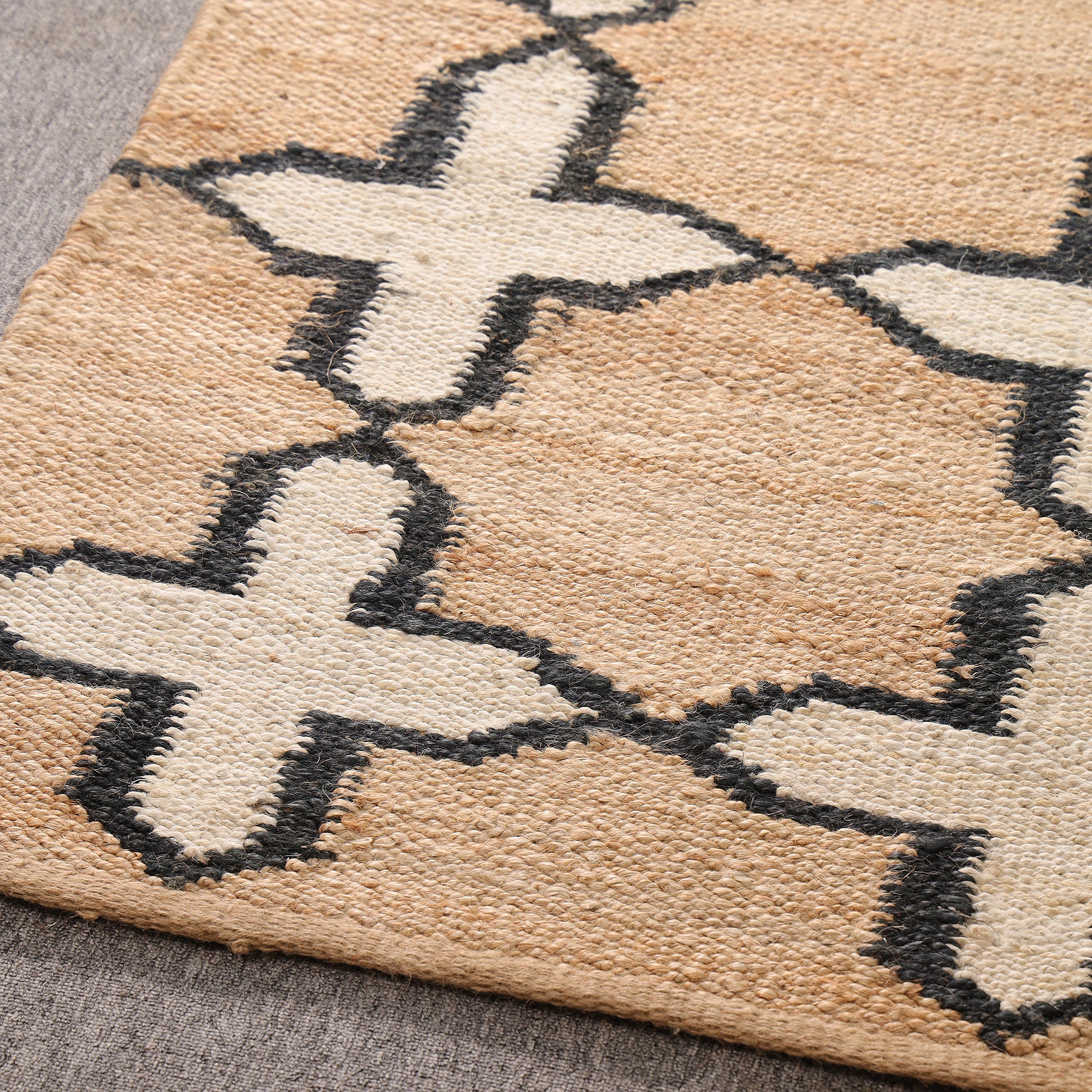 Handwoven Natural Jute Rug with Black & Ivory Geometric Pattern | Modern Boho Area Rug | Handmade Farmhouse Carpet