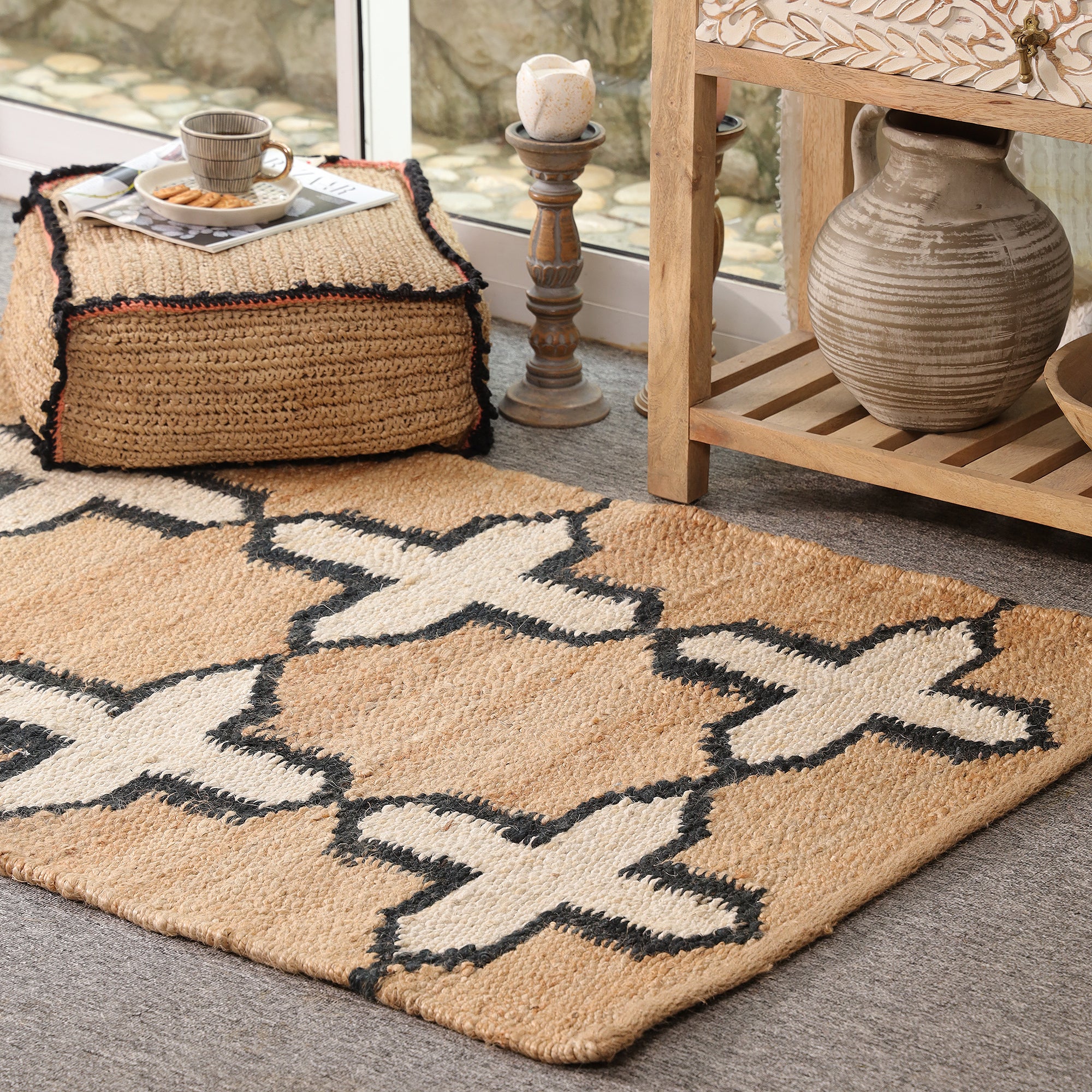 Handwoven Natural Jute Rug with Black & Ivory Geometric Pattern | Modern Boho Area Rug | Handmade Farmhouse Carpet