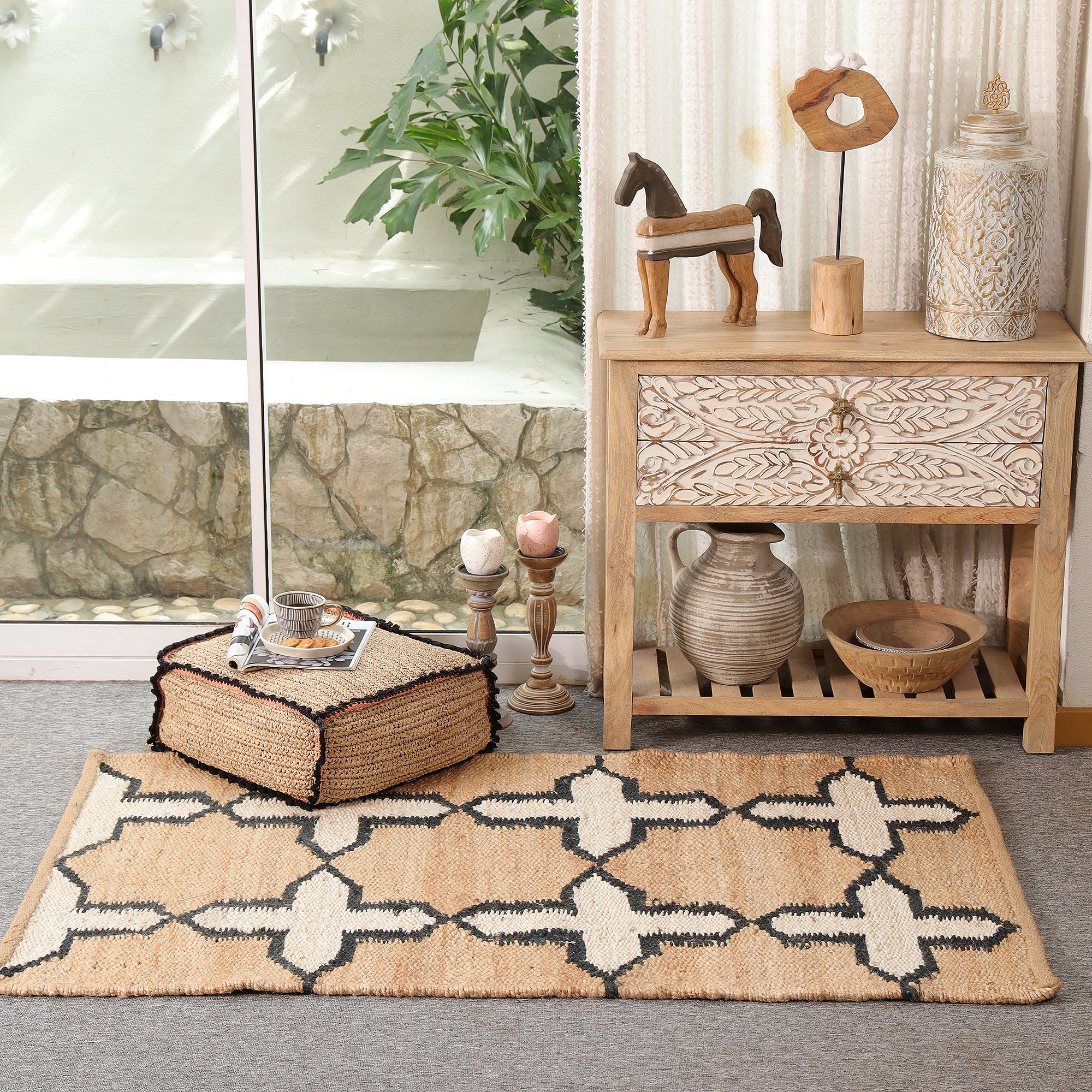 Handwoven Natural Jute Rug with Black & Ivory Geometric Pattern | Modern Boho Area Rug | Handmade Farmhouse Carpet