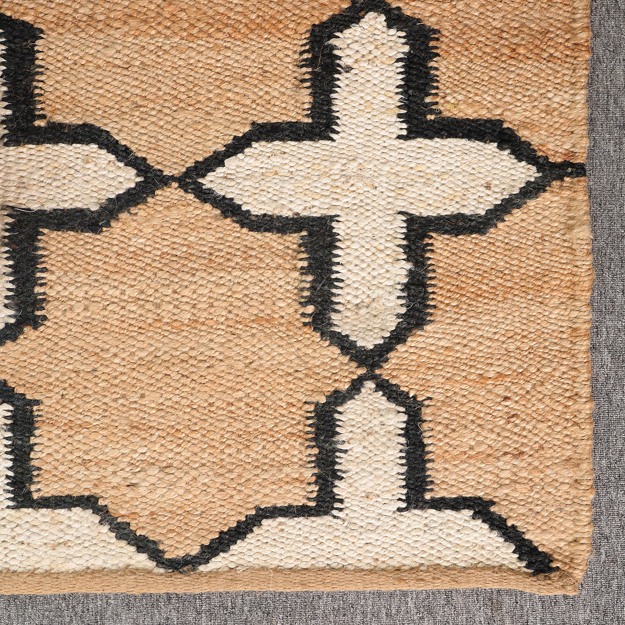 Handwoven Natural Jute Rug with Black & Ivory Geometric Pattern | Modern Boho Area Rug | Handmade Farmhouse Carpet