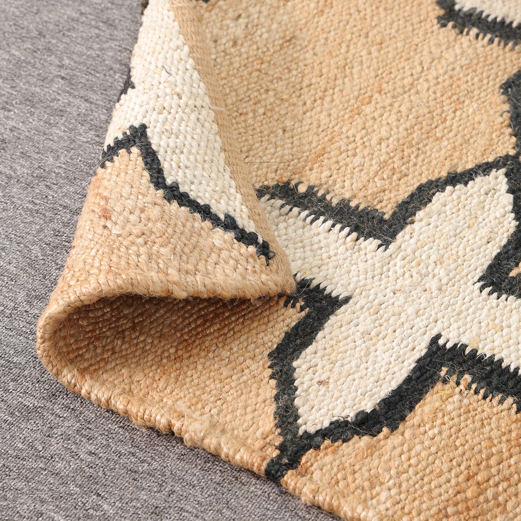 Handwoven Natural Jute Rug with Black & Ivory Geometric Pattern | Modern Boho Area Rug | Handmade Farmhouse Carpet