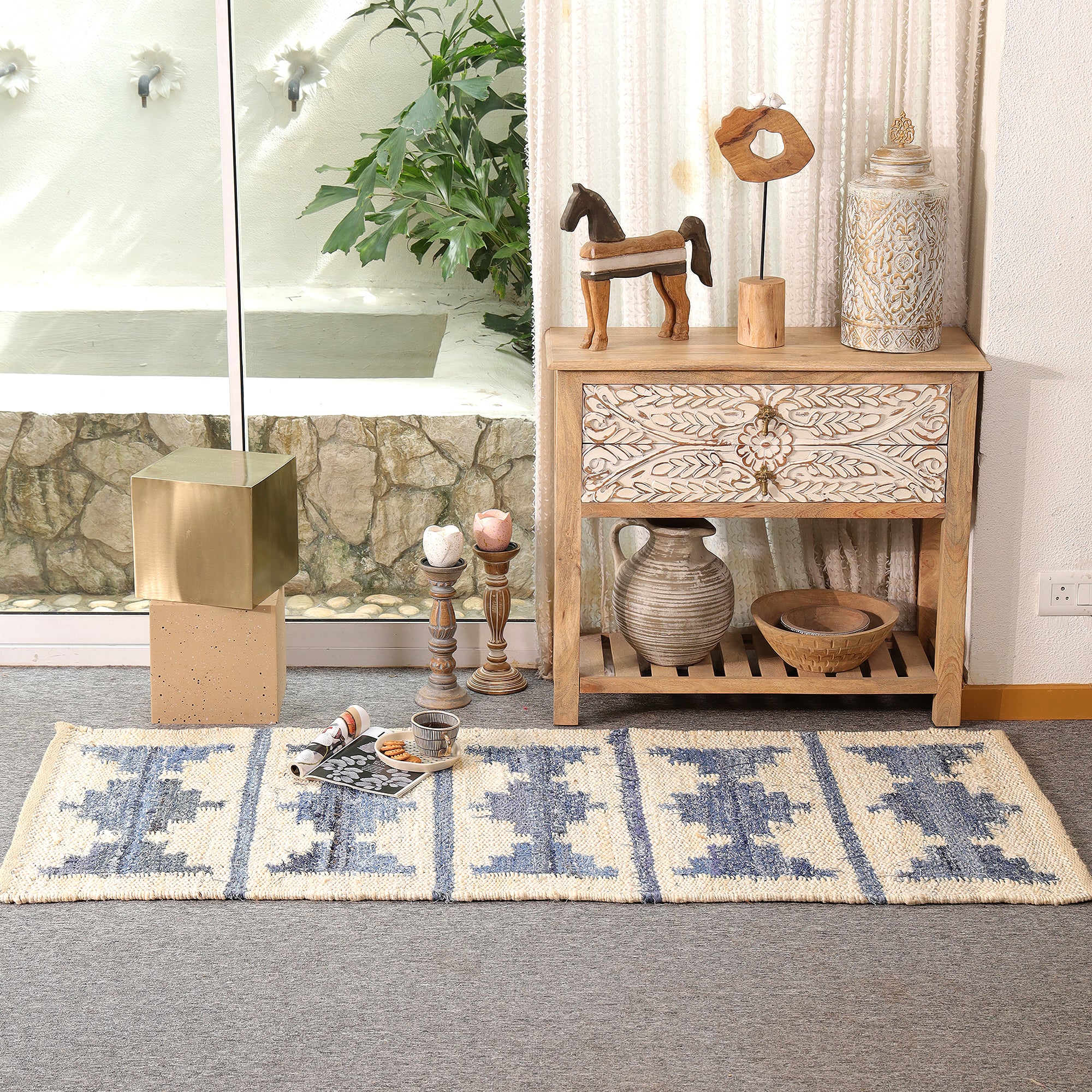 Handwoven Blue & Ivory Kilim Area Hemp Rug Modern Geometric Living Room Carpet