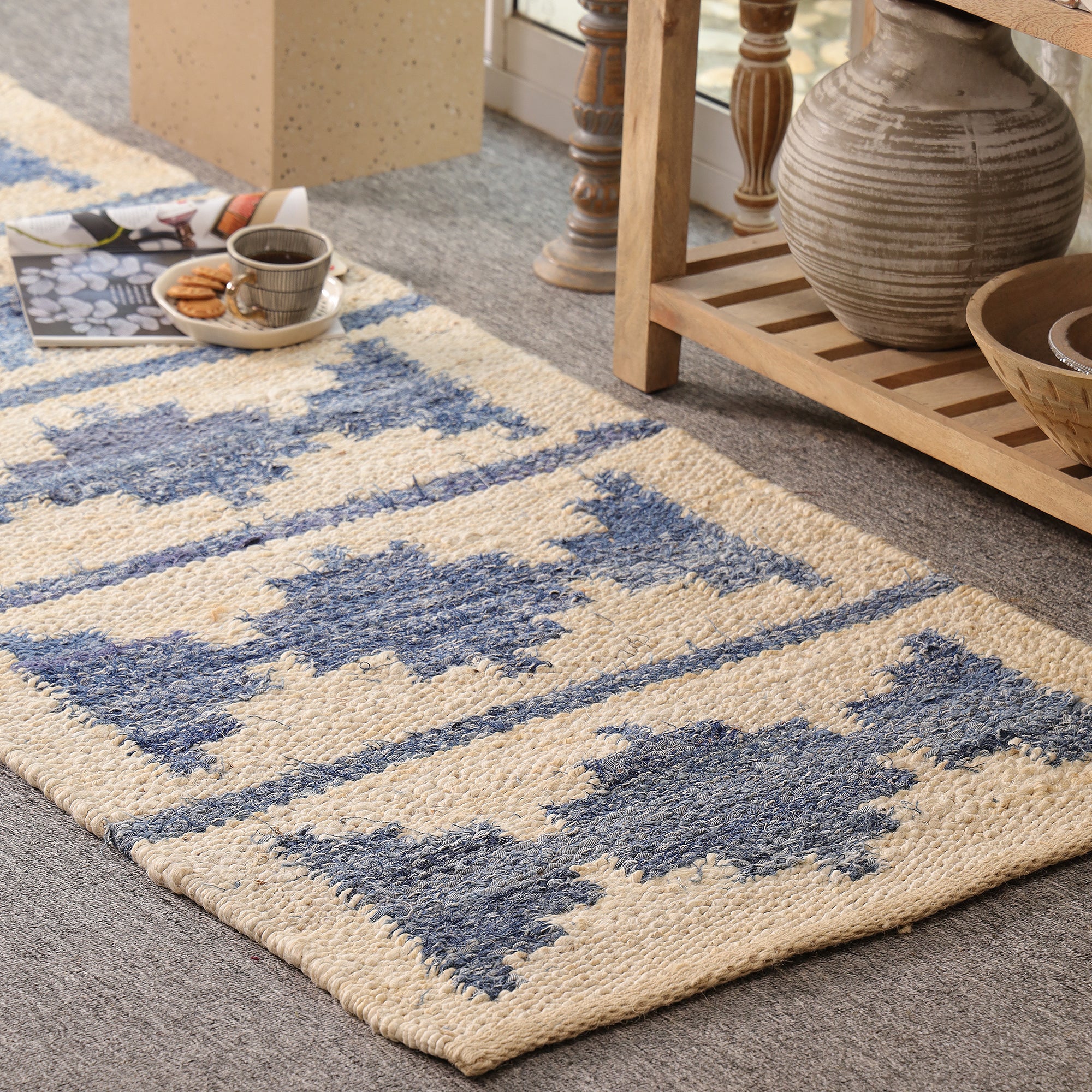 Handwoven Blue & Ivory Kilim Area Hemp Rug Modern Geometric Living Room Carpet