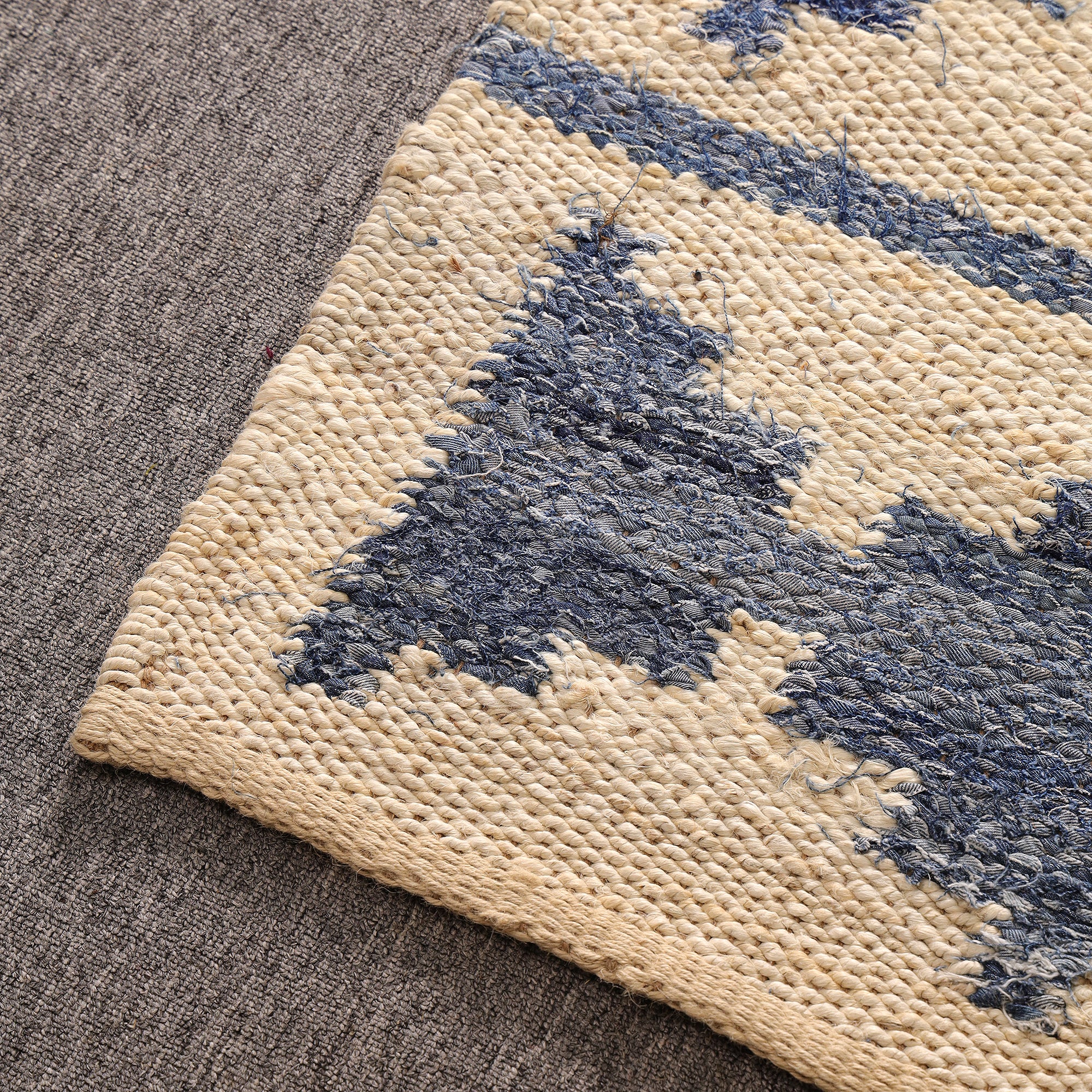 Handwoven Blue & Ivory Kilim Area Hemp Rug Modern Geometric Living Room Carpet