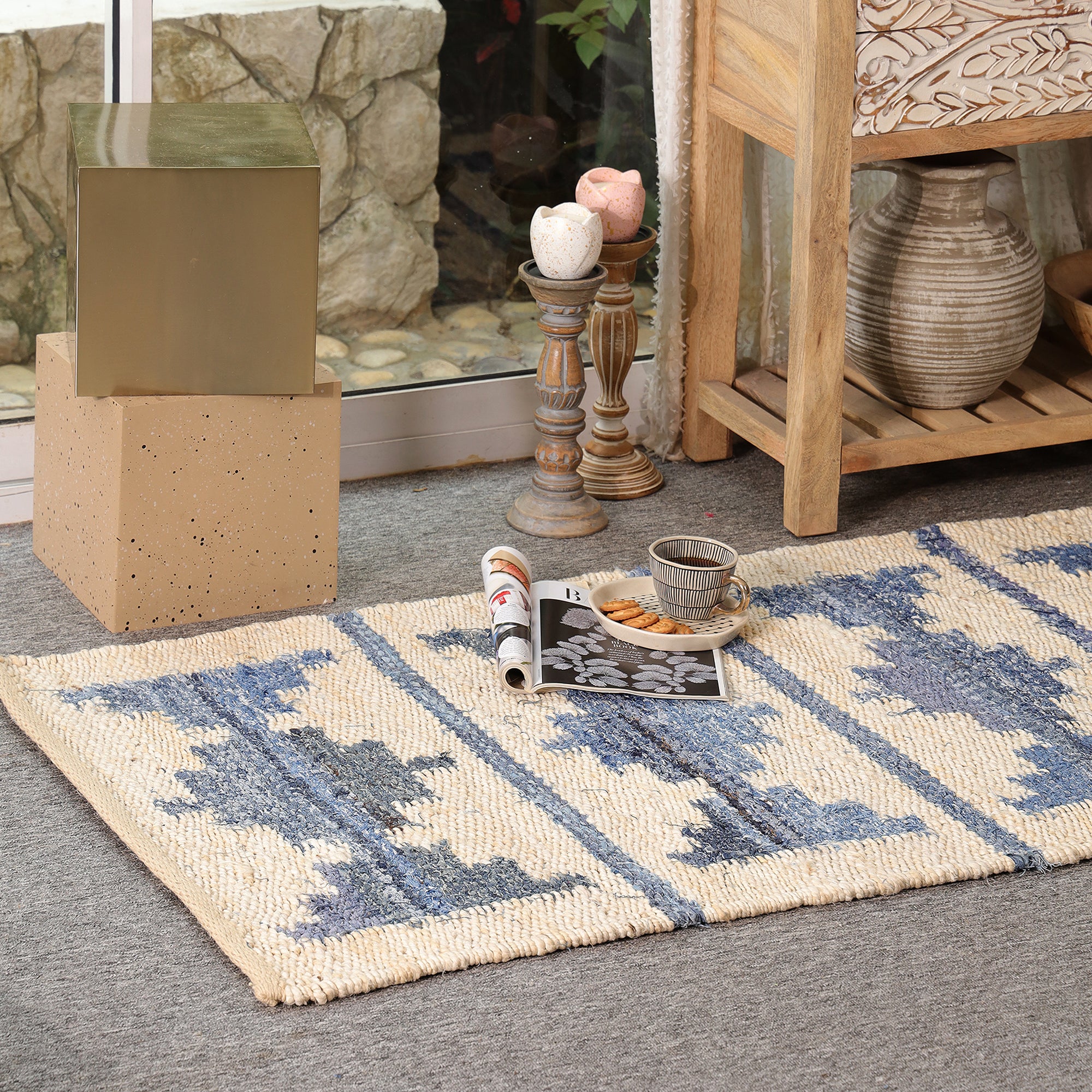 Handwoven Blue & Ivory Kilim Area Hemp Rug Modern Geometric Living Room Carpet