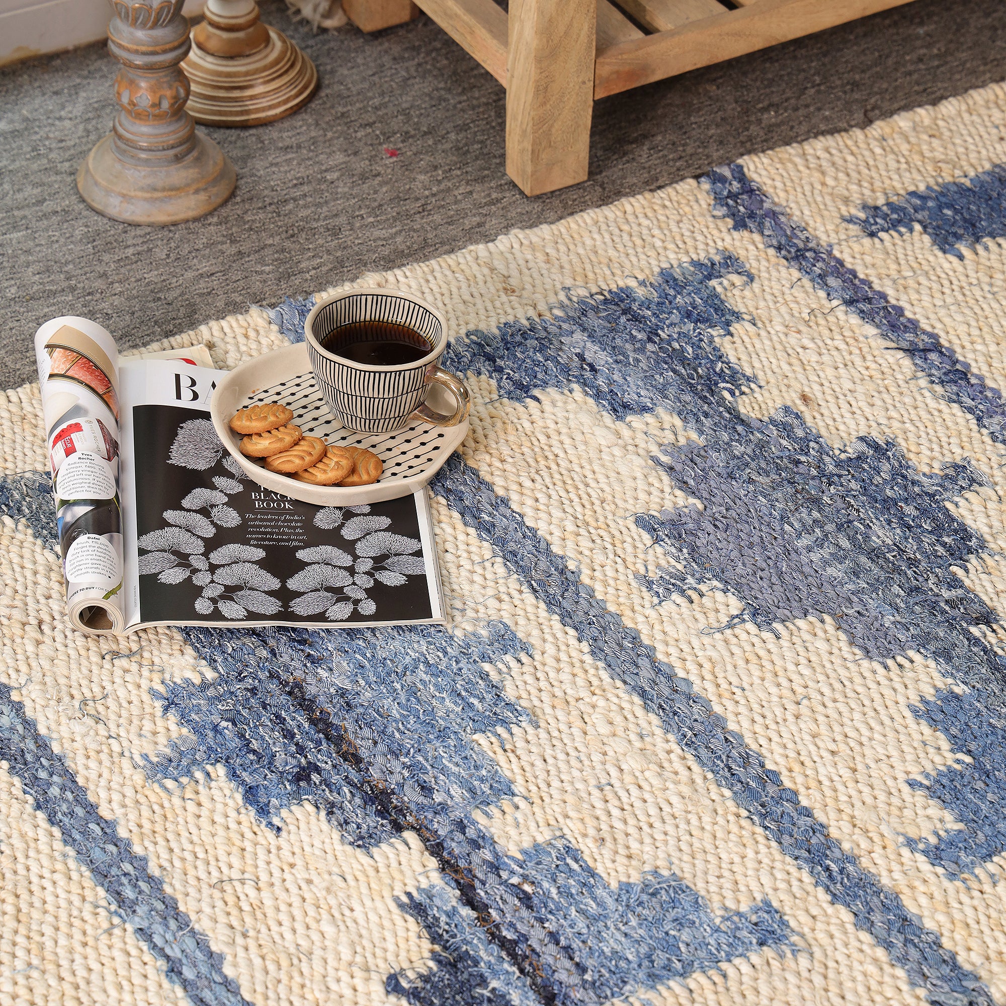 Handwoven Blue & Ivory Kilim Area Hemp Rug Modern Geometric Living Room Carpet